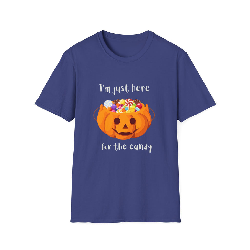 Halloween T-Shirt — "I'm Just Here for the Candy" Pumpkin Candy Bucket Tee