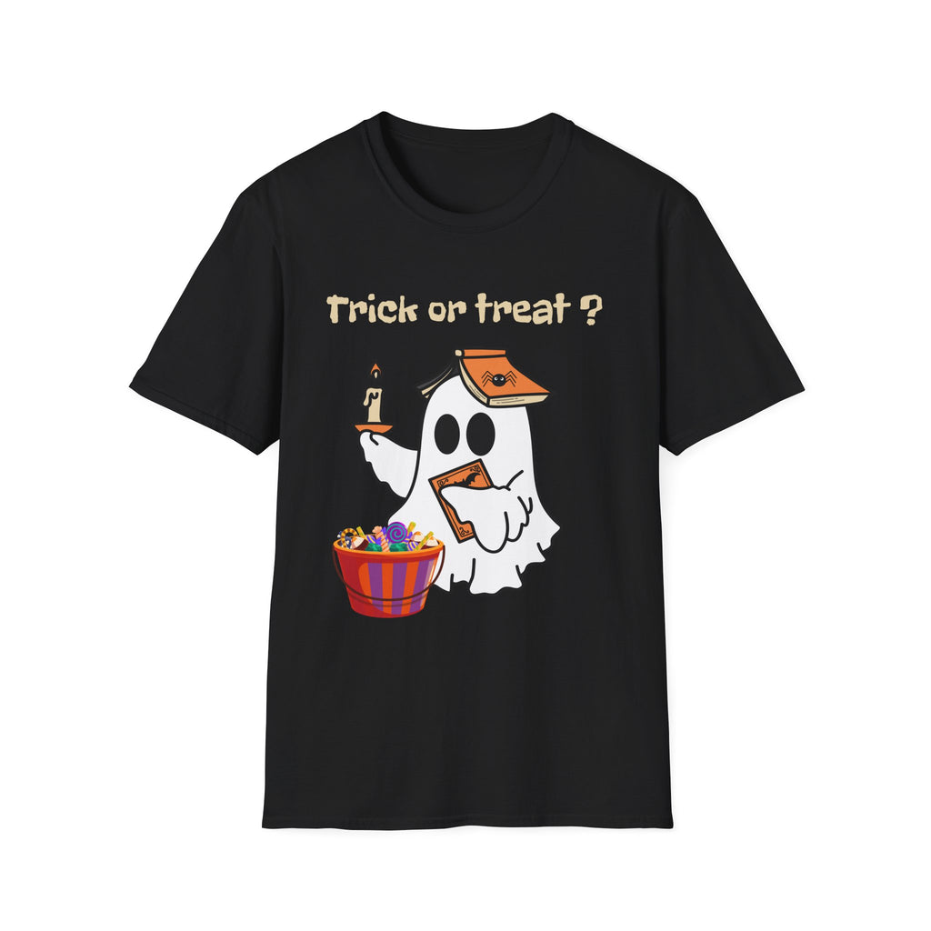 Halloween Ghost T-Shirt — "Trick or Treat?" Cute Spooky Candy Tee - Ghost Reading a Spooky Book Halloween Design
