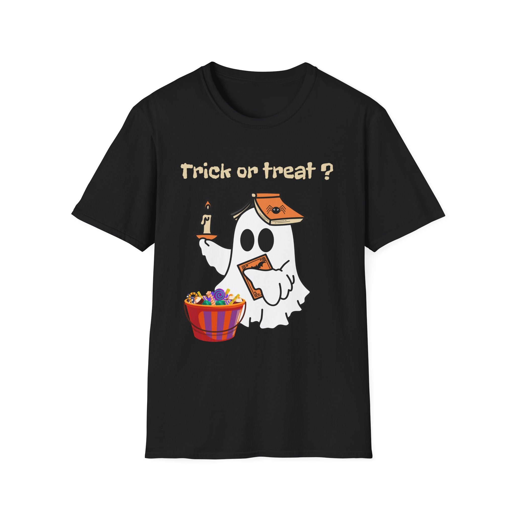 Halloween Ghost T-Shirt — "Trick or Treat?" Cute Spooky Candy Tee - Ghost Reading a Spooky Book Halloween Design