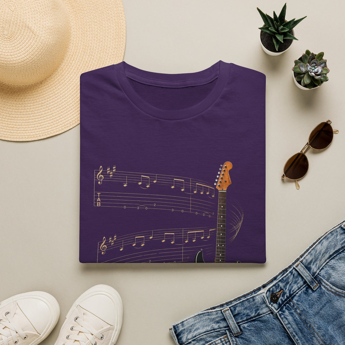 Electric Guitar T‑Shirt — Vintage Sunburst Guitar with Musical Notes - Where Music Takes Flight | Electric Guitar & Tablature Art Design