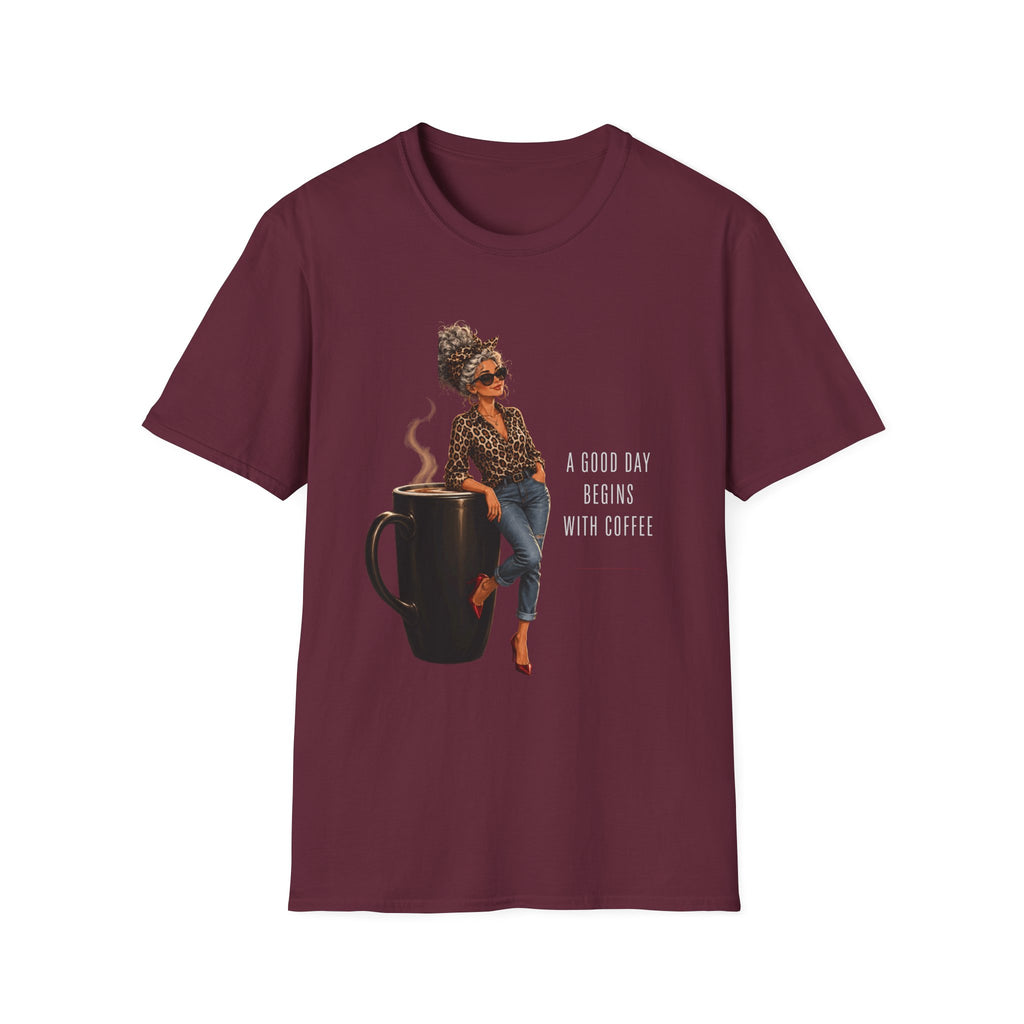Coffee Vibes T-Shirt — “A Good Day Begins” Retro Chic Coffee Shirt -Stylish Coffee Lover Woman Design