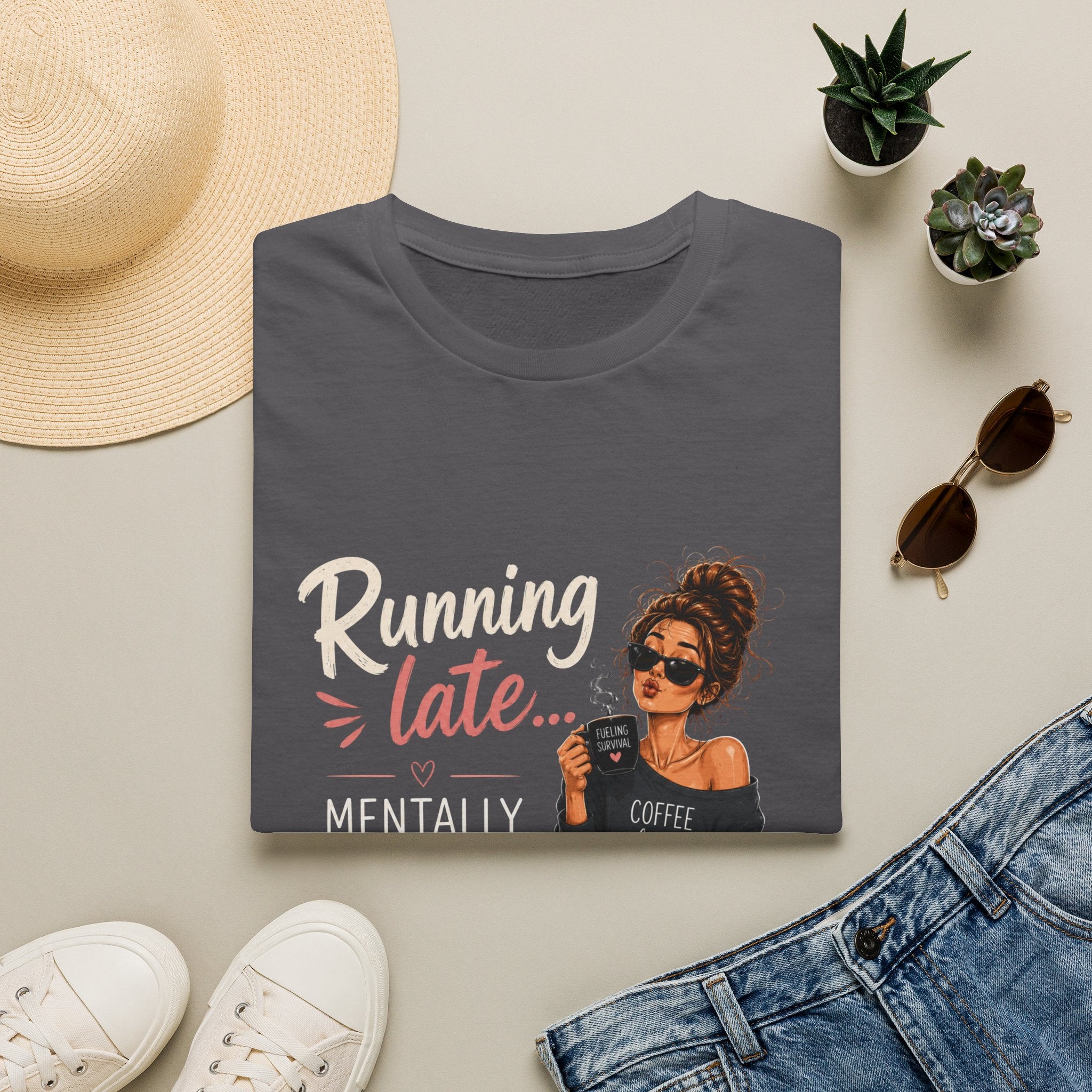 Running Late... Mentally Still Drinking Coffee T-Shirt - Funny Coffee Lover Design