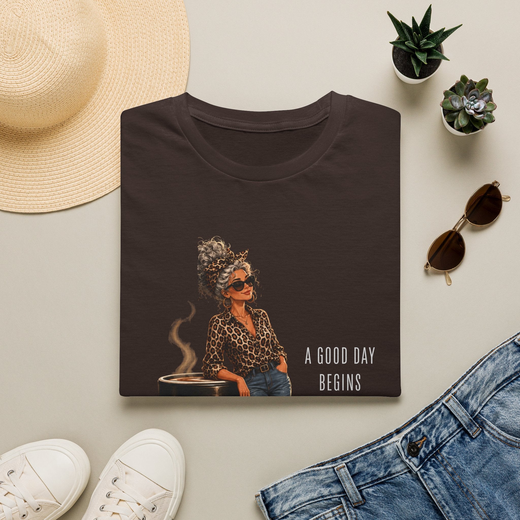 Coffee Vibes T-Shirt — “A Good Day Begins” Retro Chic Coffee Shirt -Stylish Coffee Lover Woman Design