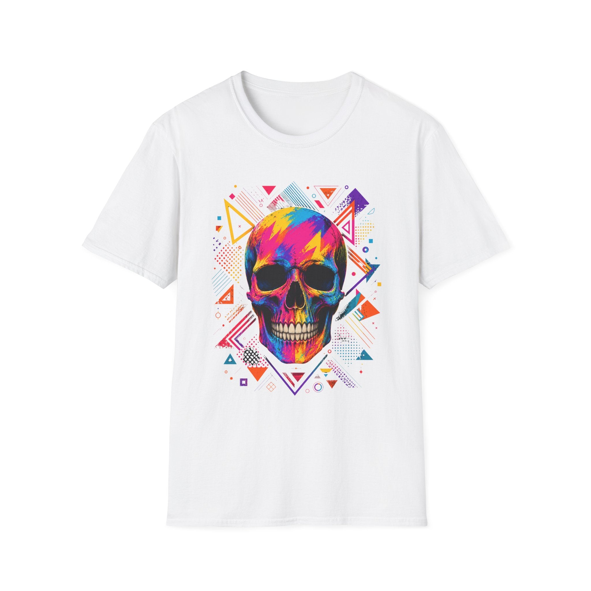 Colorful Geometric Skull T-Shirt -Neon Pop Art Skull – Colorful Retro Geometric Design