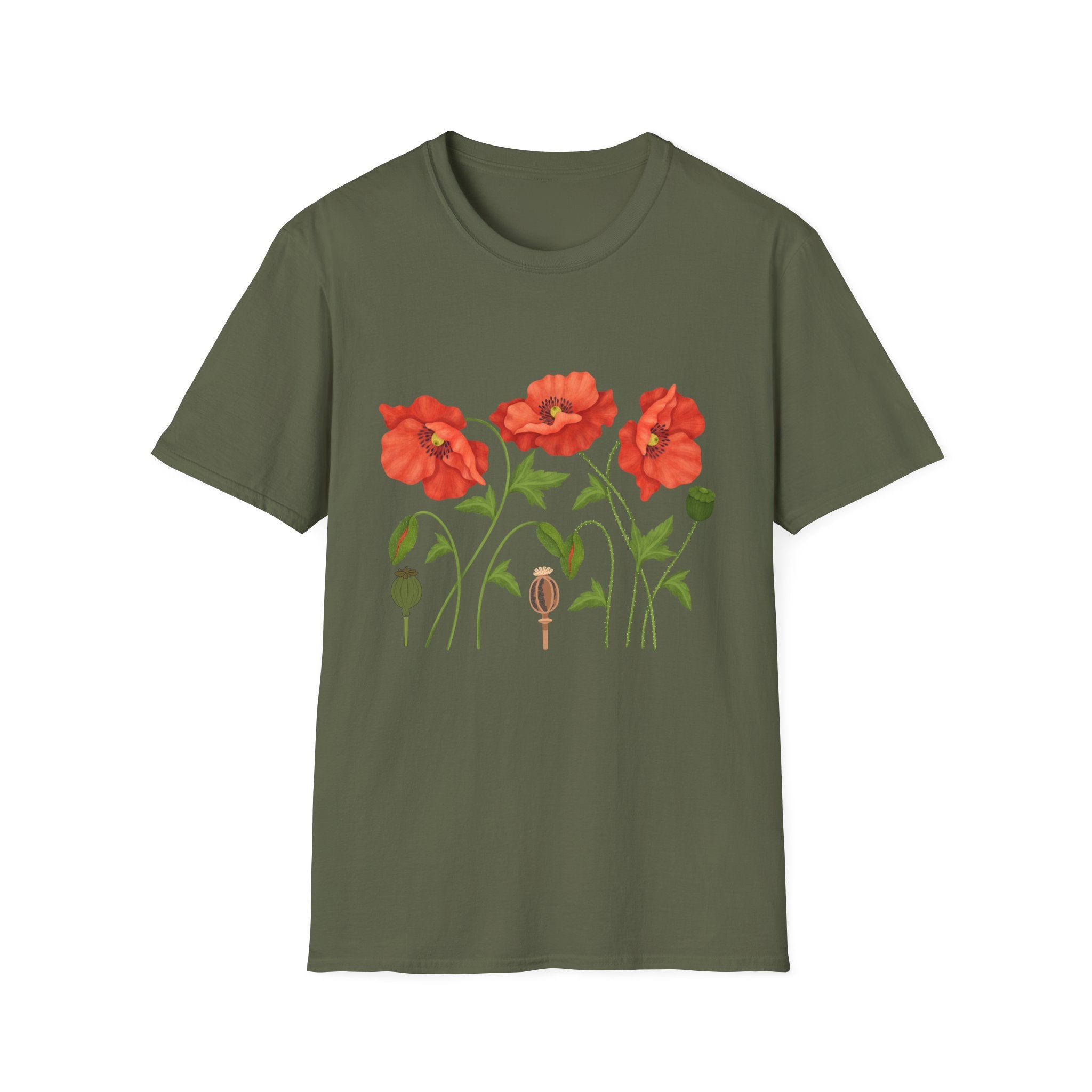 Poppy Floral T-Shirt — Red Poppies Garden Tee - Vintage Wildflower Floral Design