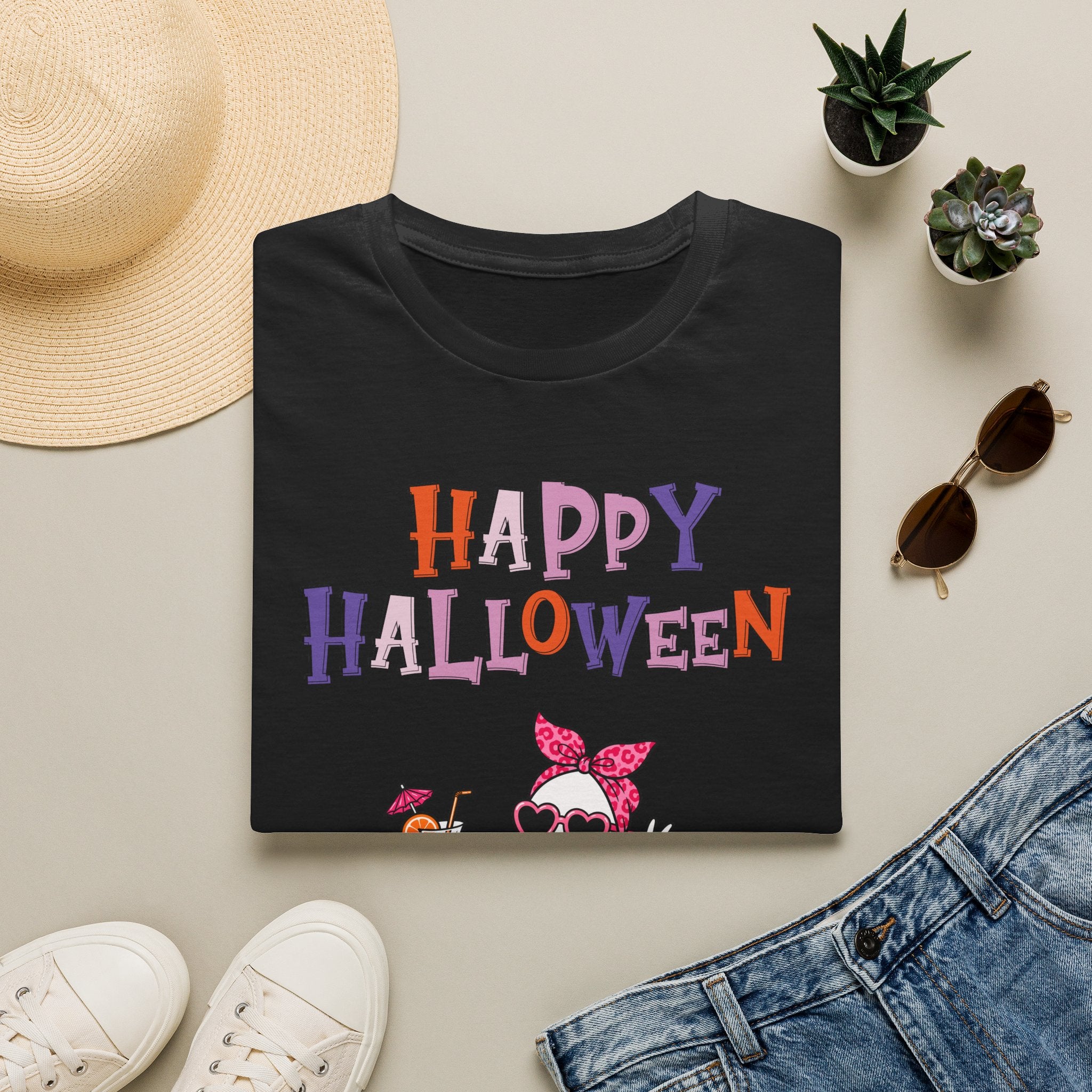 Happy Halloween Ghost Tee — Cute Feminine Halloween T-Shirt with Sunglasses & Pink Bow - Funny Spooky Halloween Shirt for Women