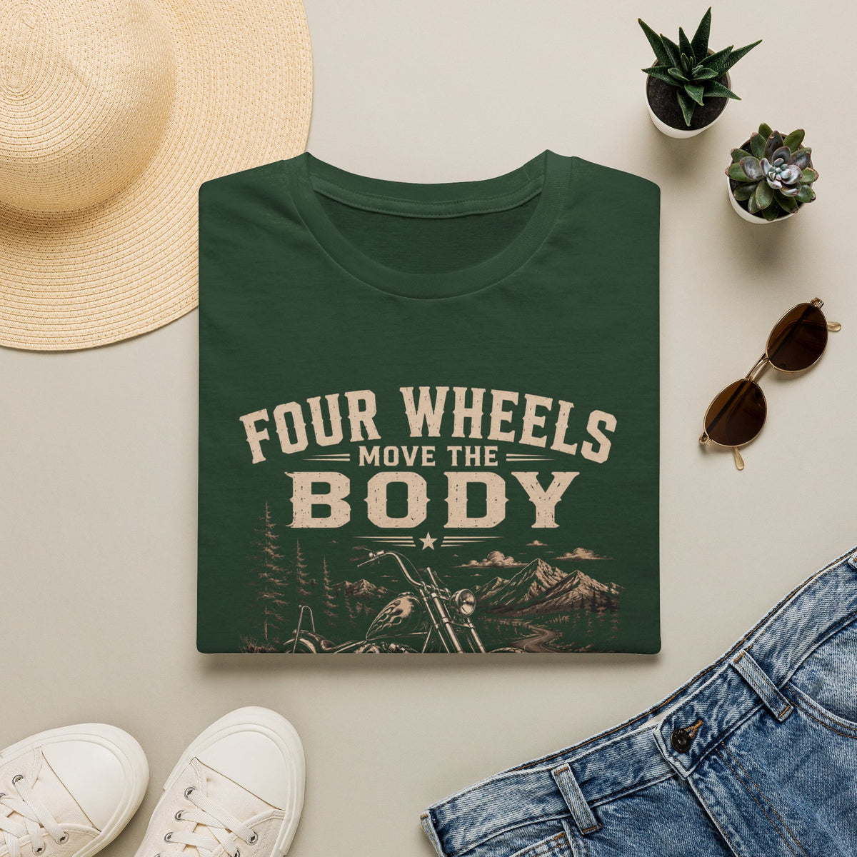 Motorcycle Tee — "Four Wheels Move the Body, Two Wheels Move the Soul" Vintage Motorcycle T‑Shirt