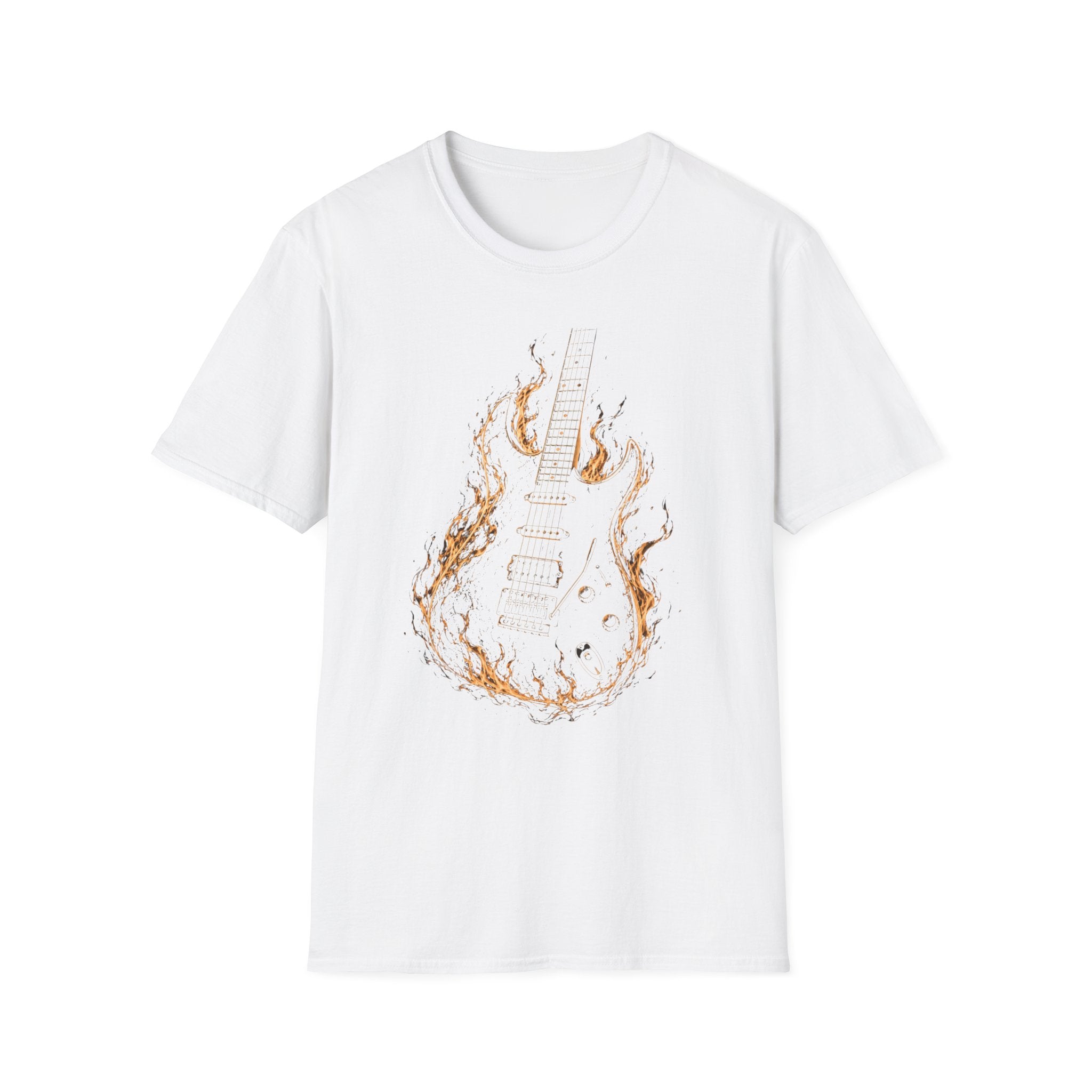 Flaming Electric Guitar T-Shirt — Rock Music Tee - Flames of Rock | Burning Electric Guitar Music Artwork