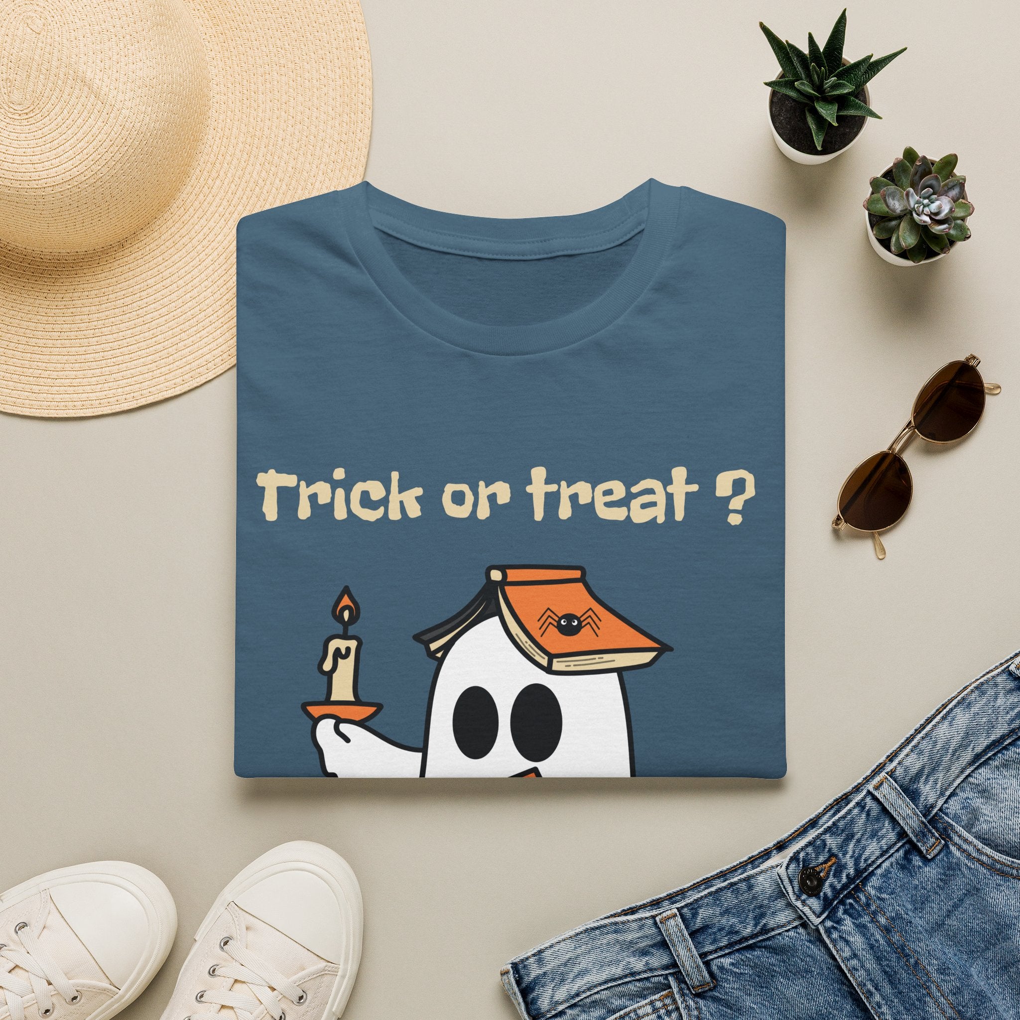 Halloween Ghost T-Shirt — "Trick or Treat?" Cute Spooky Candy Tee - Ghost Reading a Spooky Book Halloween Design