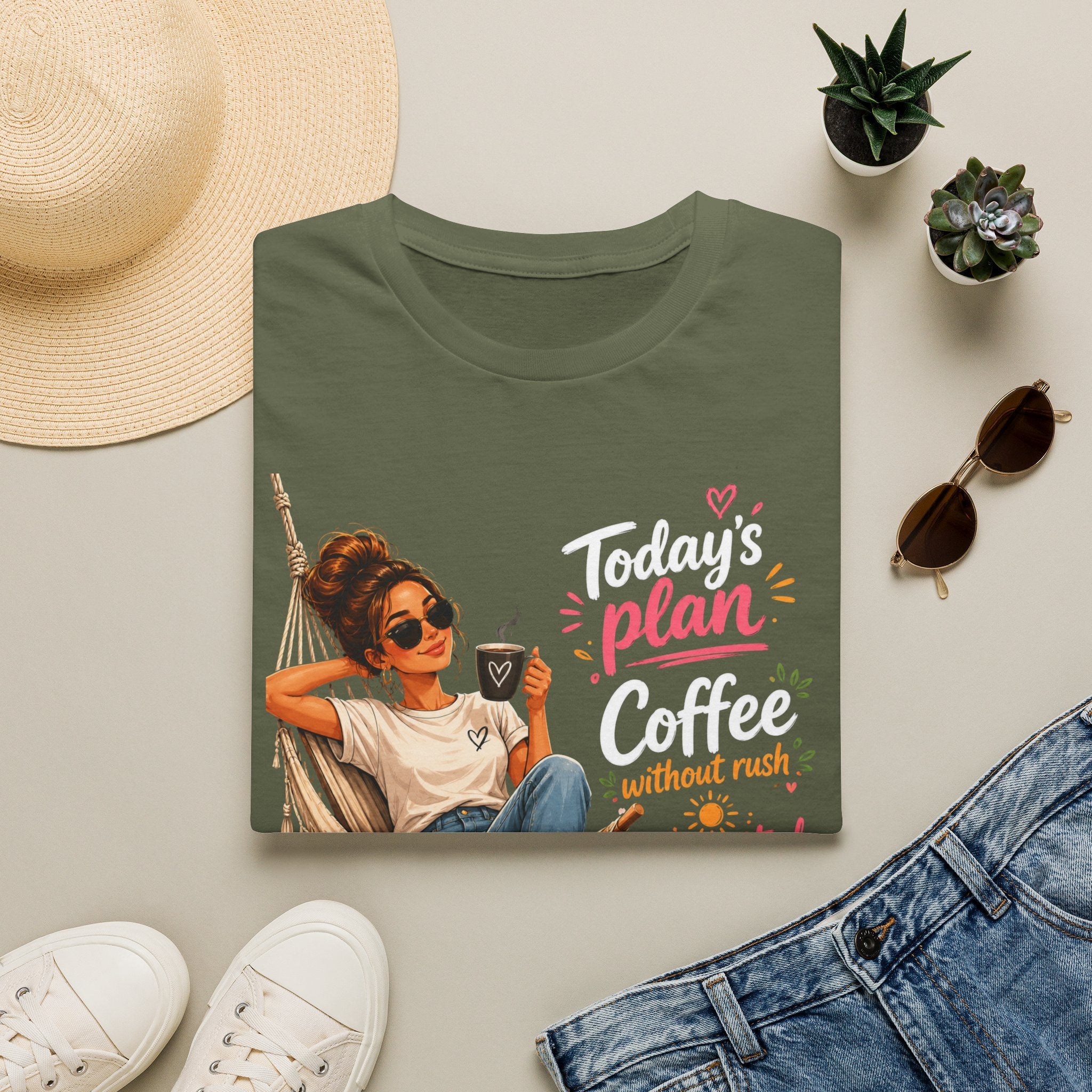 Coffee Tee — "Today's Plan: Coffee Without Rush" Relaxed Lounge T-Shirt