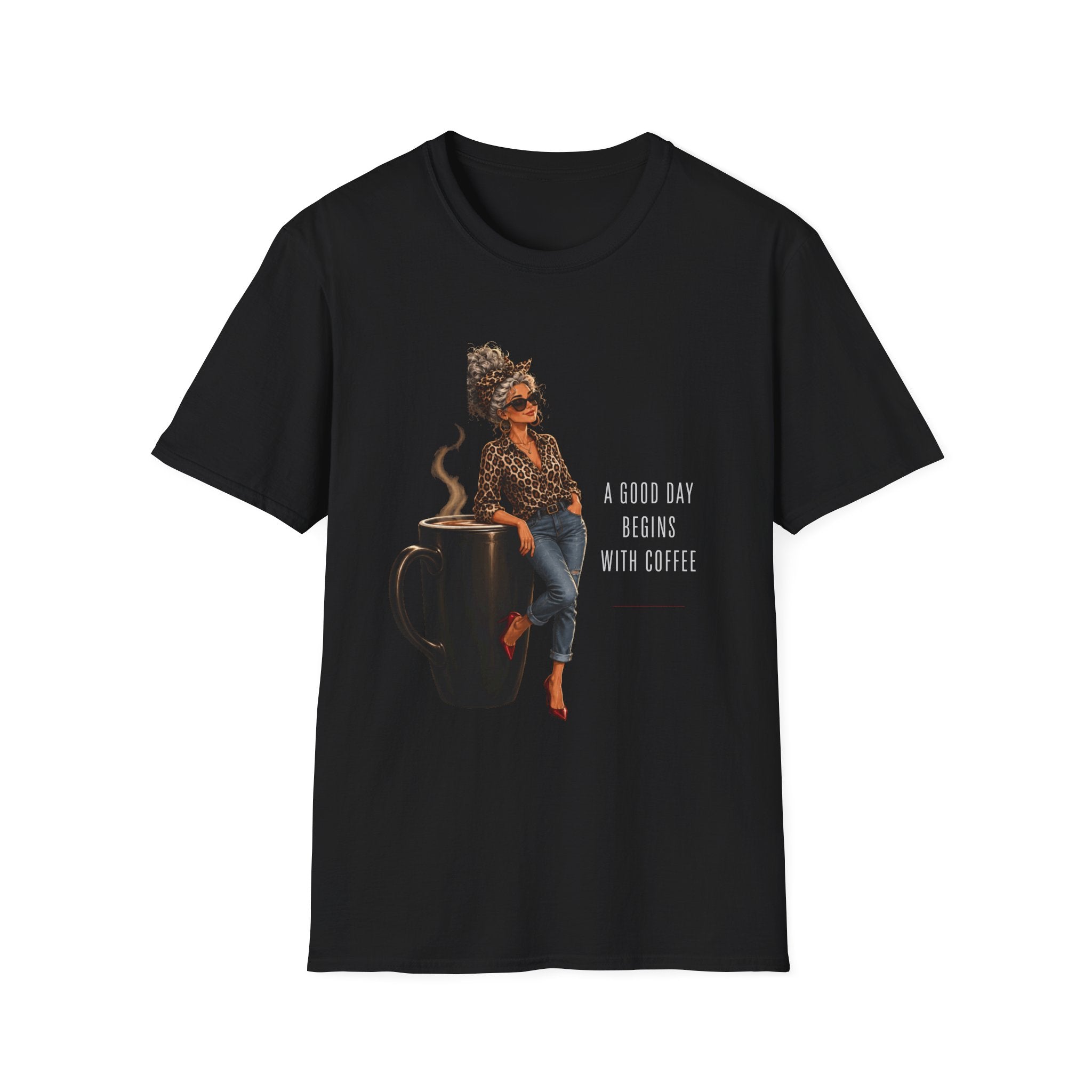 Coffee Vibes T-Shirt — “A Good Day Begins” Retro Chic Coffee Shirt -Stylish Coffee Lover Woman Design