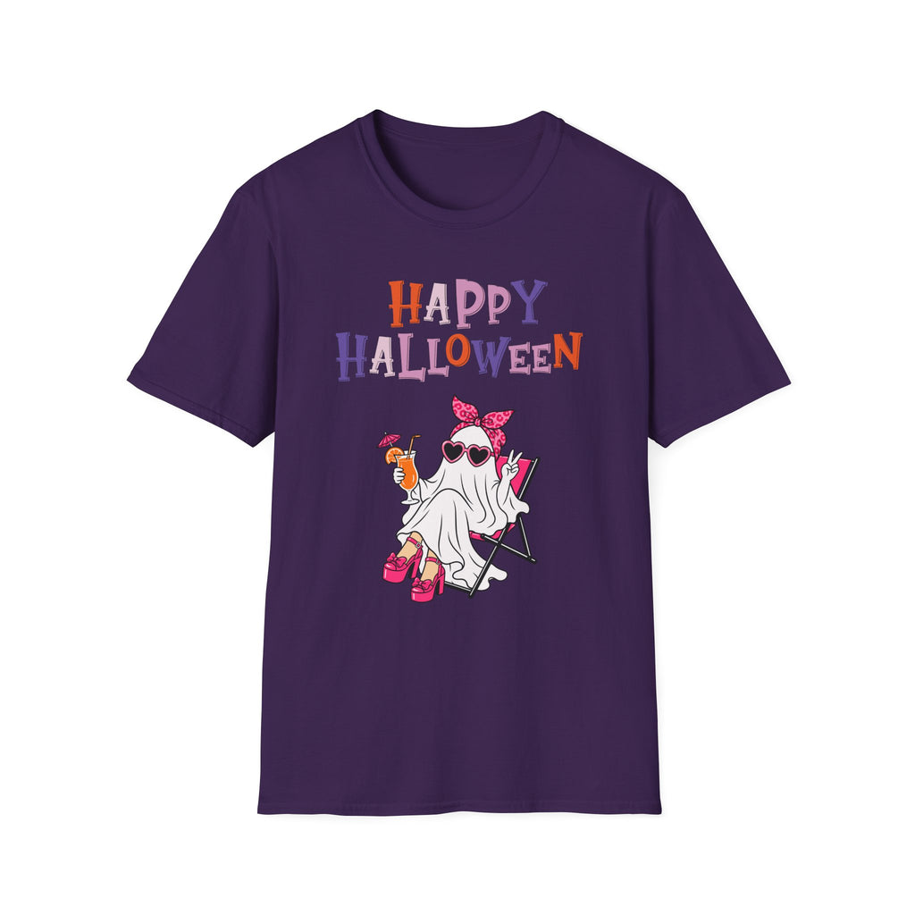 Happy Halloween Ghost Tee — Cute Feminine Halloween T-Shirt with Sunglasses & Pink Bow - Funny Spooky Halloween Shirt for Women