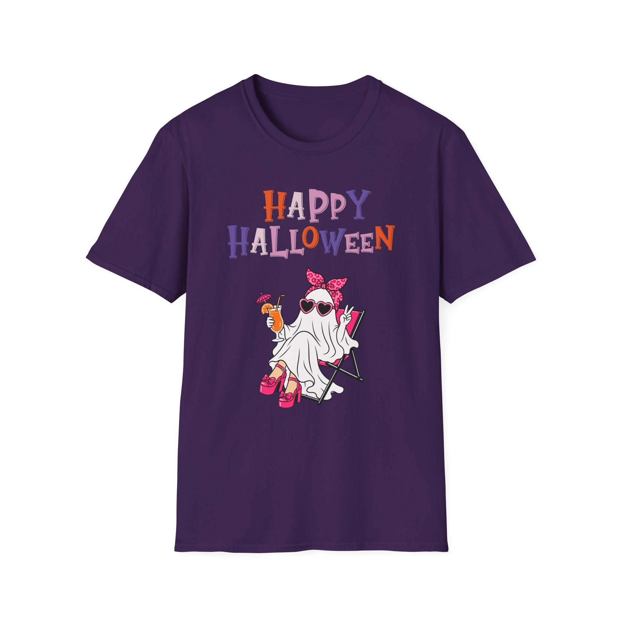 Happy Halloween Ghost Tee — Cute Feminine Halloween T-Shirt with Sunglasses & Pink Bow - Funny Spooky Halloween Shirt for Women