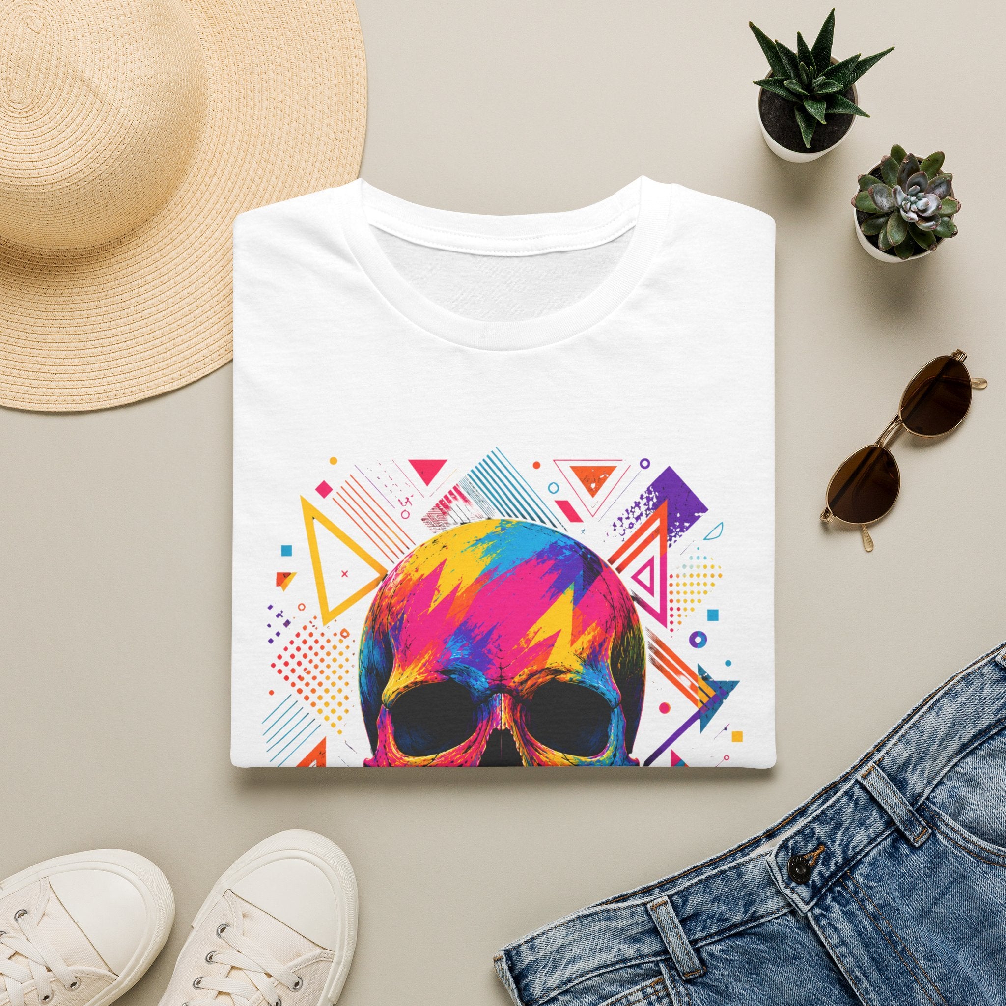 Colorful Geometric Skull T-Shirt -Neon Pop Art Skull – Colorful Retro Geometric Design