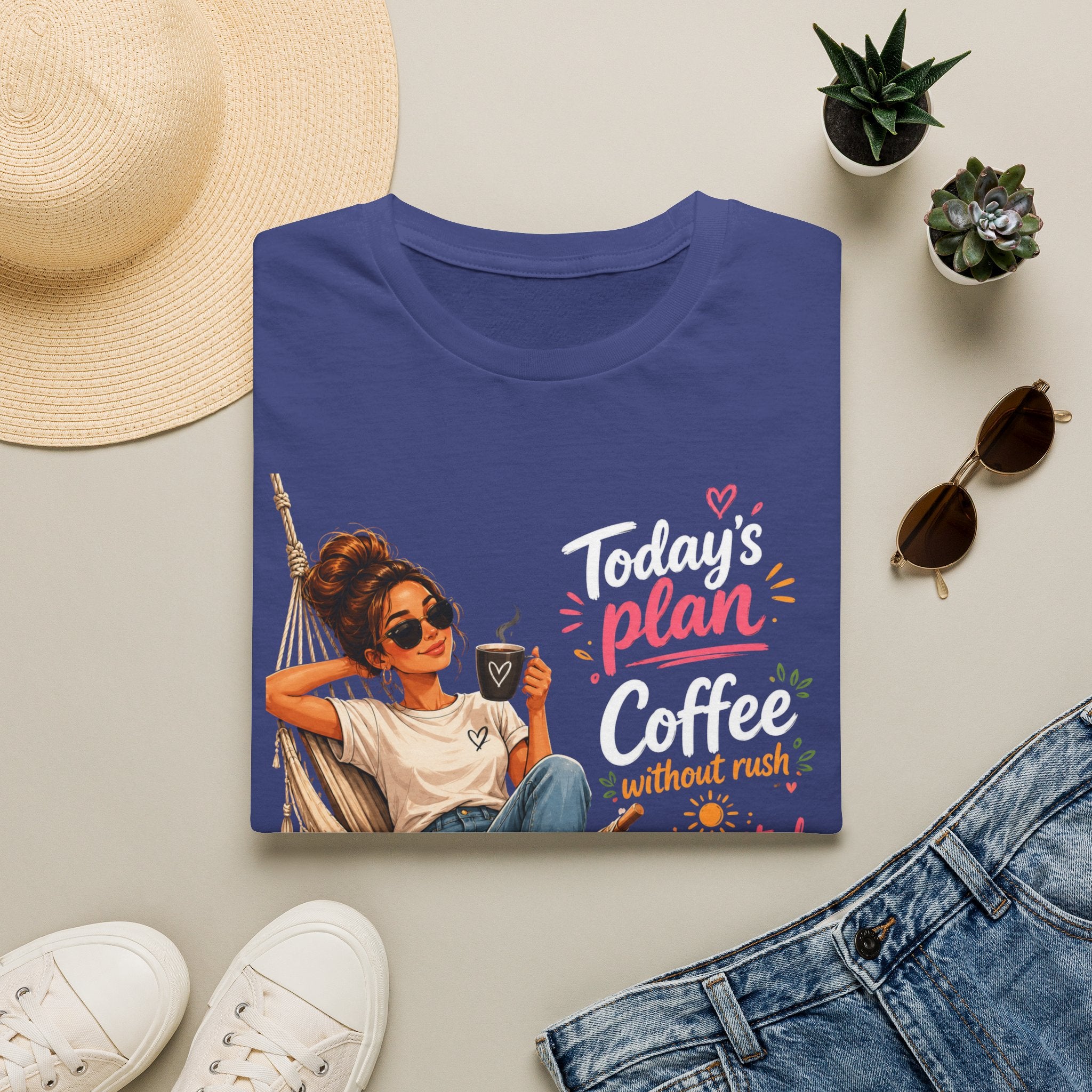 Coffee Tee — "Today's Plan: Coffee Without Rush" Relaxed Lounge T-Shirt