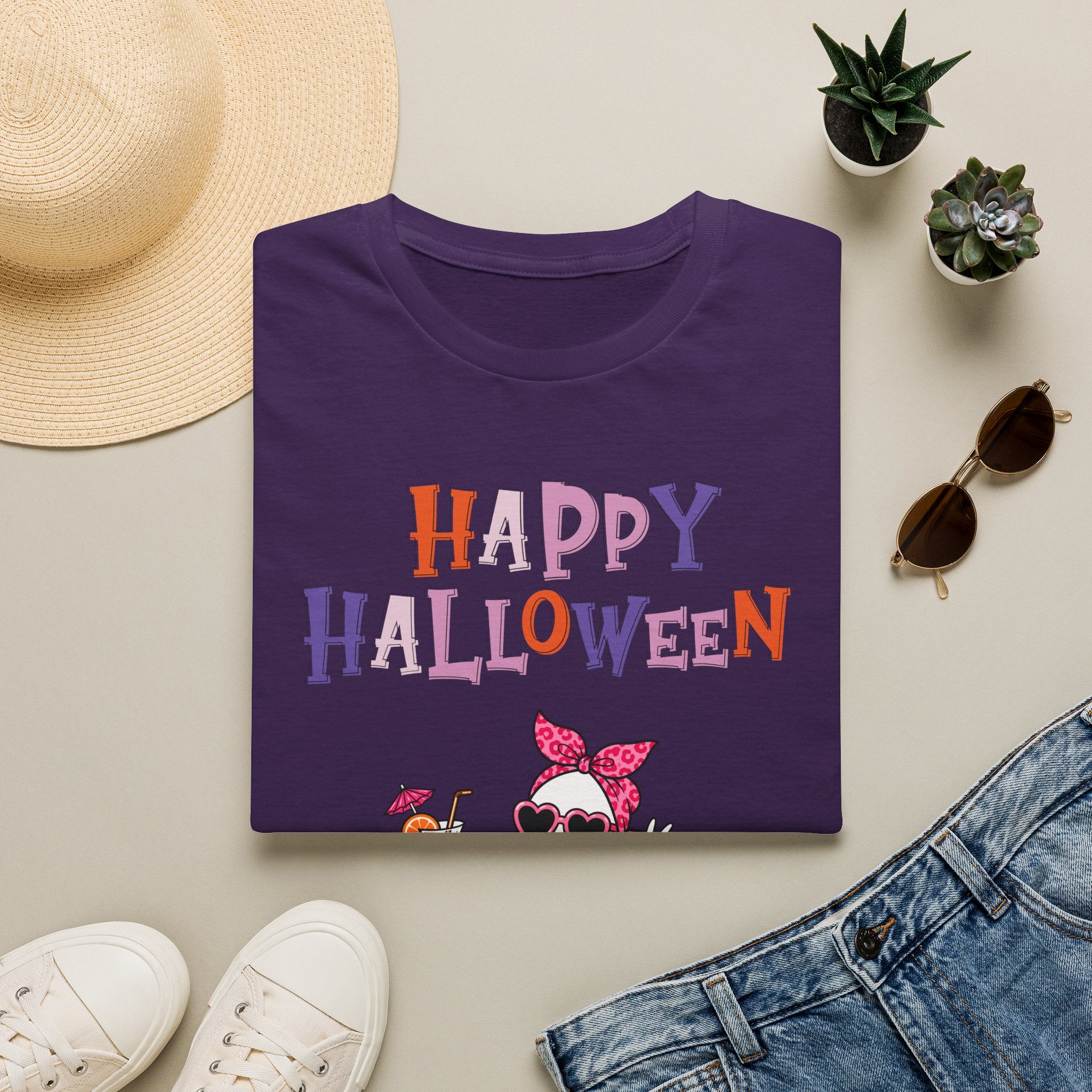 Happy Halloween Ghost Tee — Cute Feminine Halloween T-Shirt with Sunglasses & Pink Bow - Funny Spooky Halloween Shirt for Women