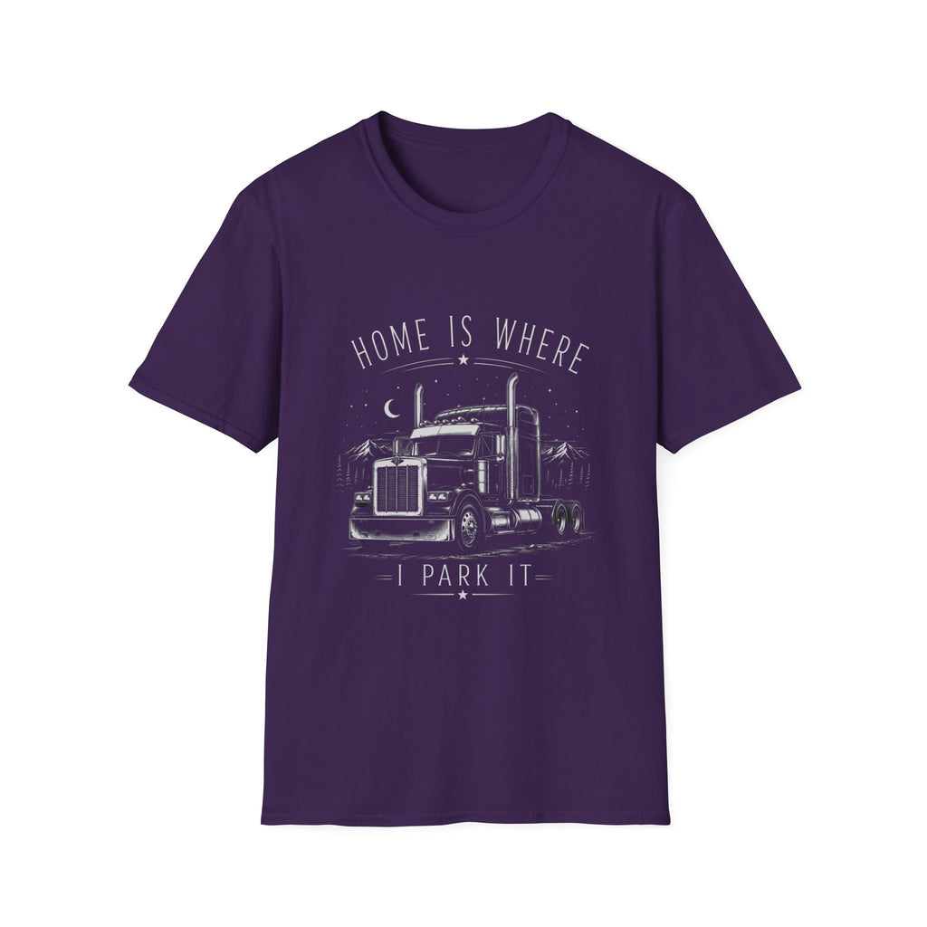 Trucker T‑Shirt — "Home Is Where I Park It" Vintage Semi Truck Tee - Trucker Life & Freedom Design