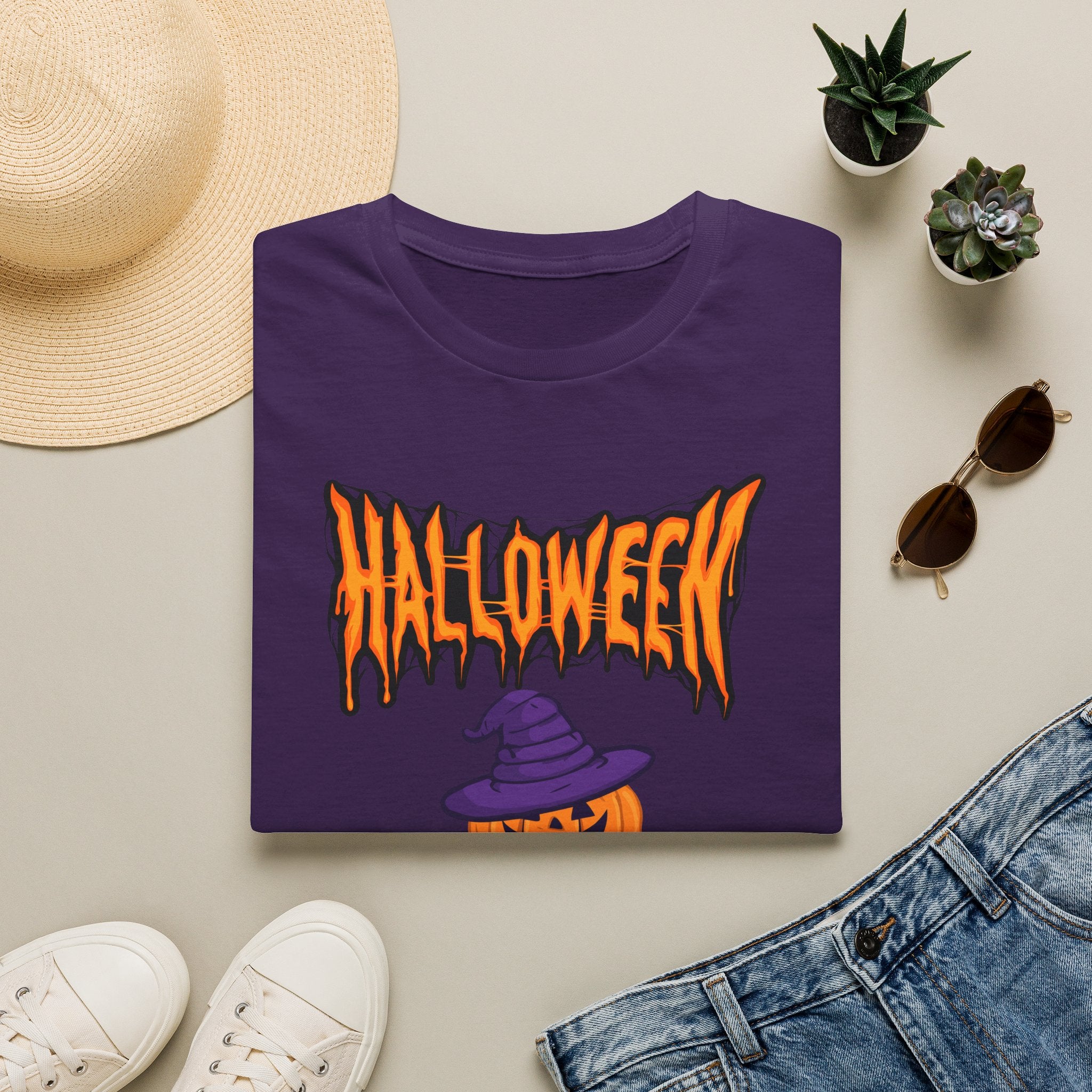 Halloween Stacked Jack-O'-Lantern T-Shirt — Cute Spooky Tee with Purple Witch Hat -  Cute Pumpkin Witch Hat Halloween Tee