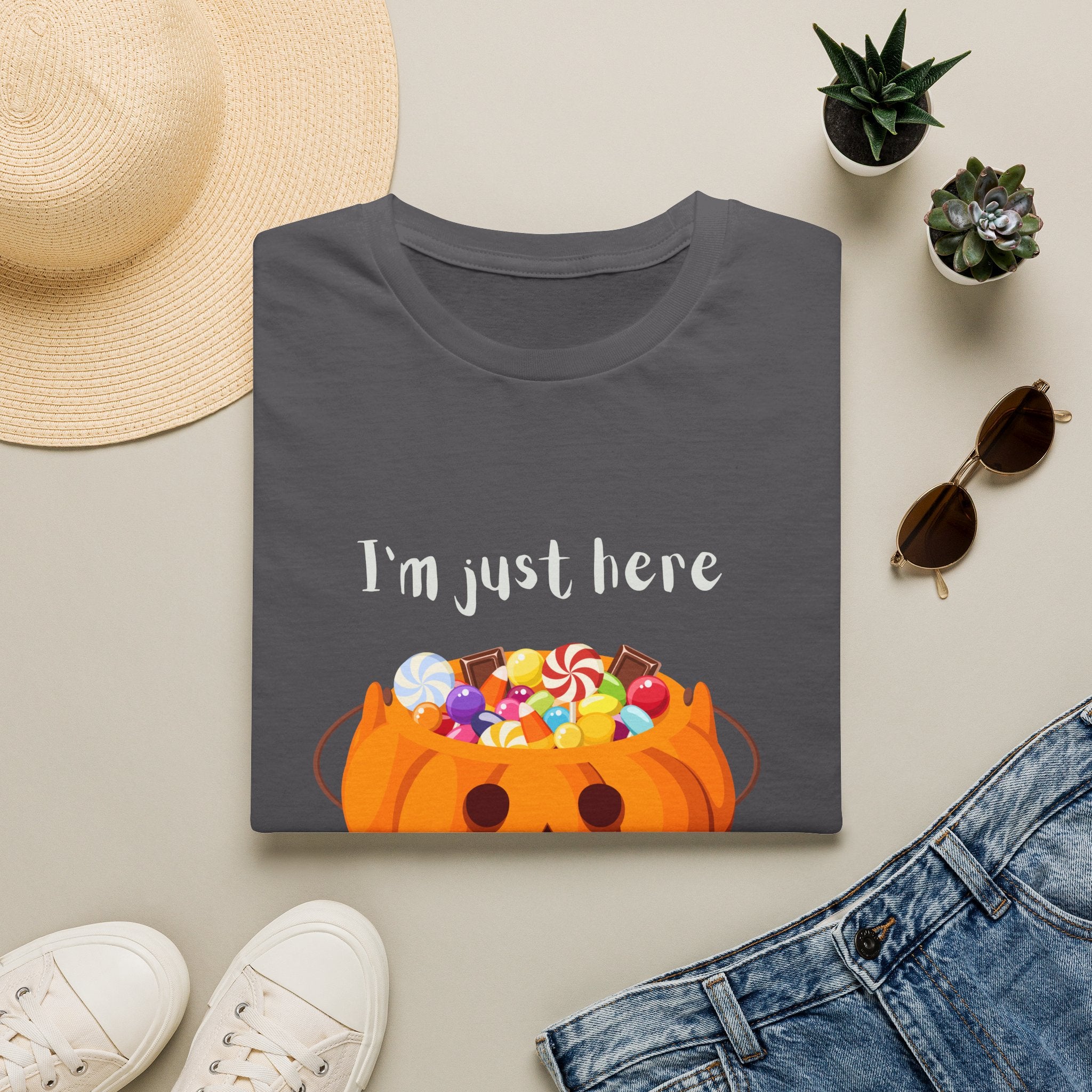 Halloween T-Shirt — "I'm Just Here for the Candy" Pumpkin Candy Bucket Tee
