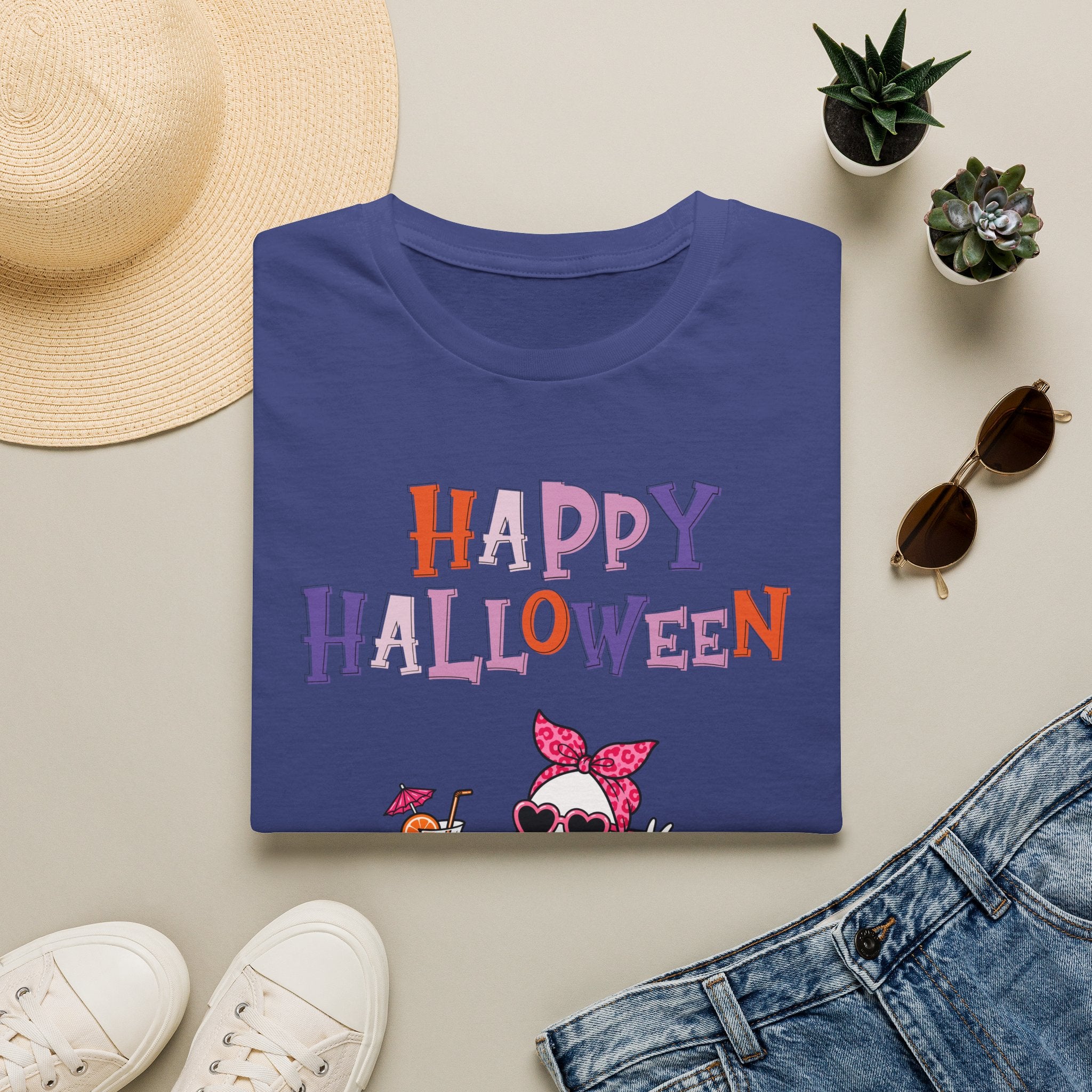 Happy Halloween Ghost Tee — Cute Feminine Halloween T-Shirt with Sunglasses & Pink Bow - Funny Spooky Halloween Shirt for Women