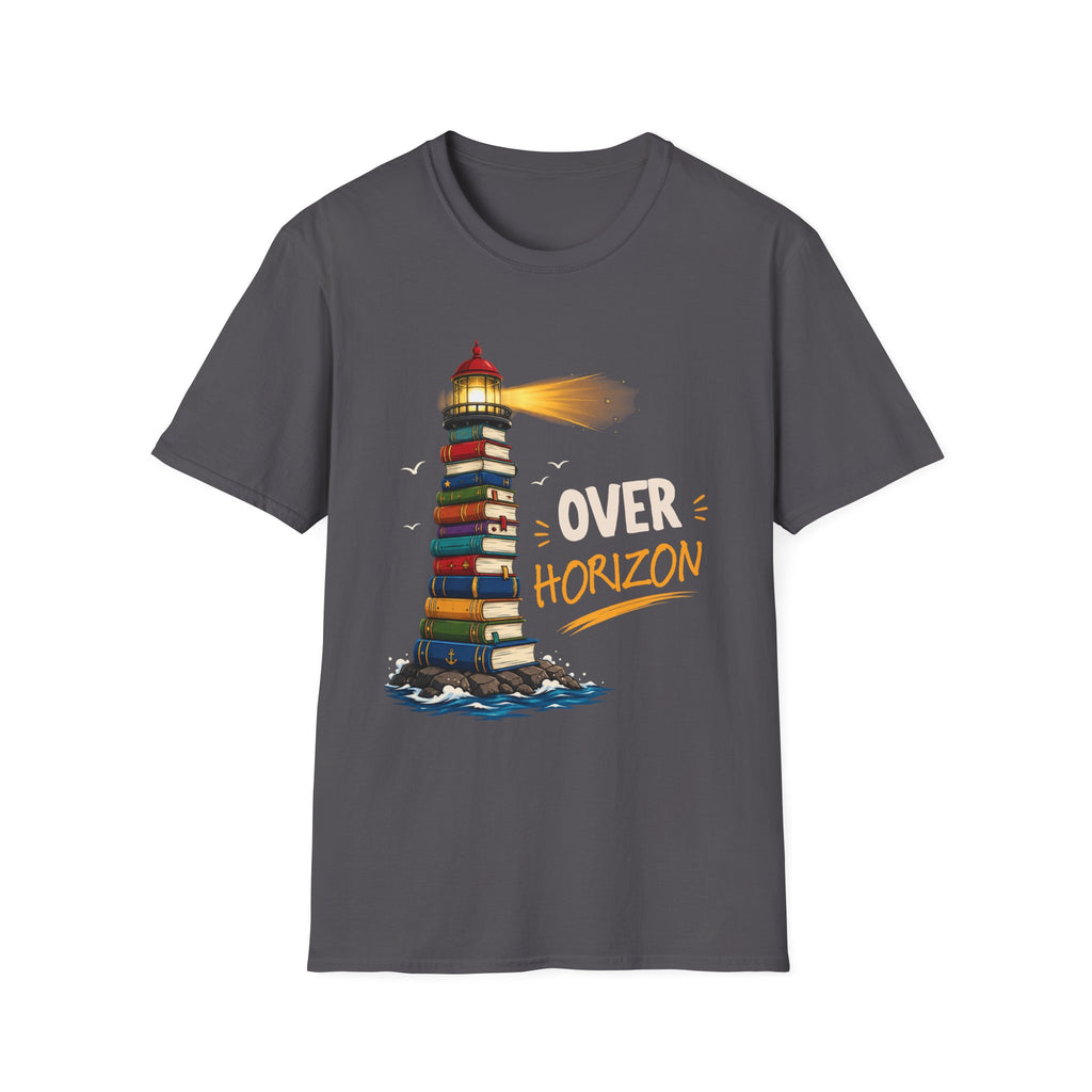'Over the Horizon' Lighthouse Stack of Books Graphic Tee – Reading Lights the Way