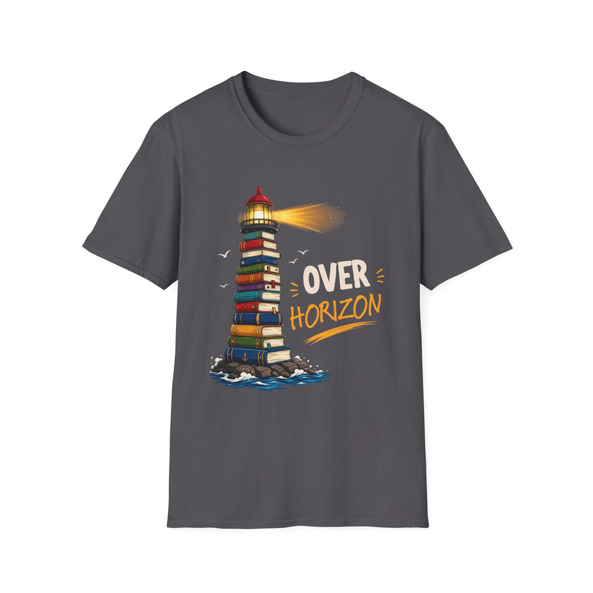 'Over the Horizon' Lighthouse Stack of Books Graphic Tee – Reading Lights the Way
