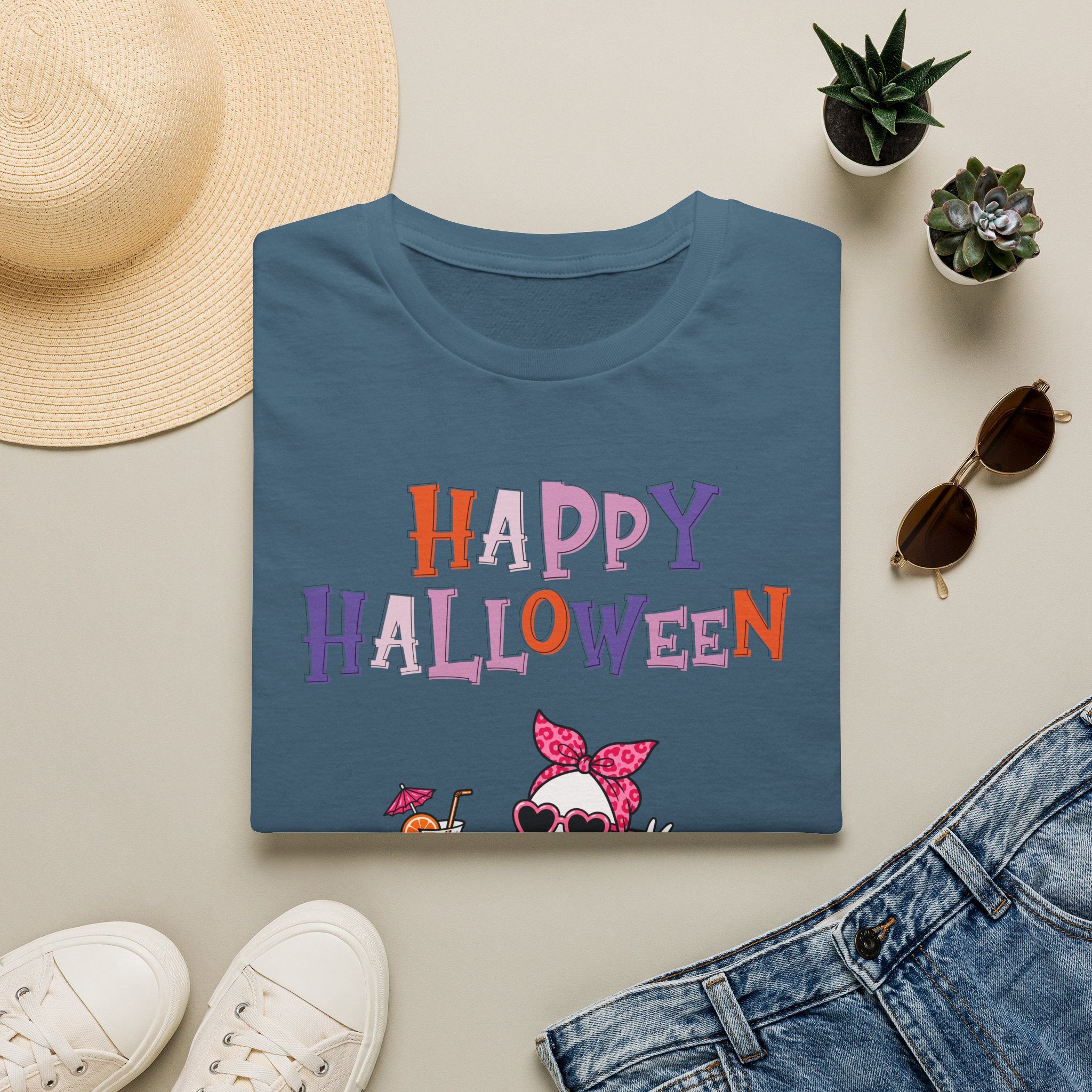 Happy Halloween Ghost Tee — Cute Feminine Halloween T-Shirt with Sunglasses & Pink Bow - Funny Spooky Halloween Shirt for Women