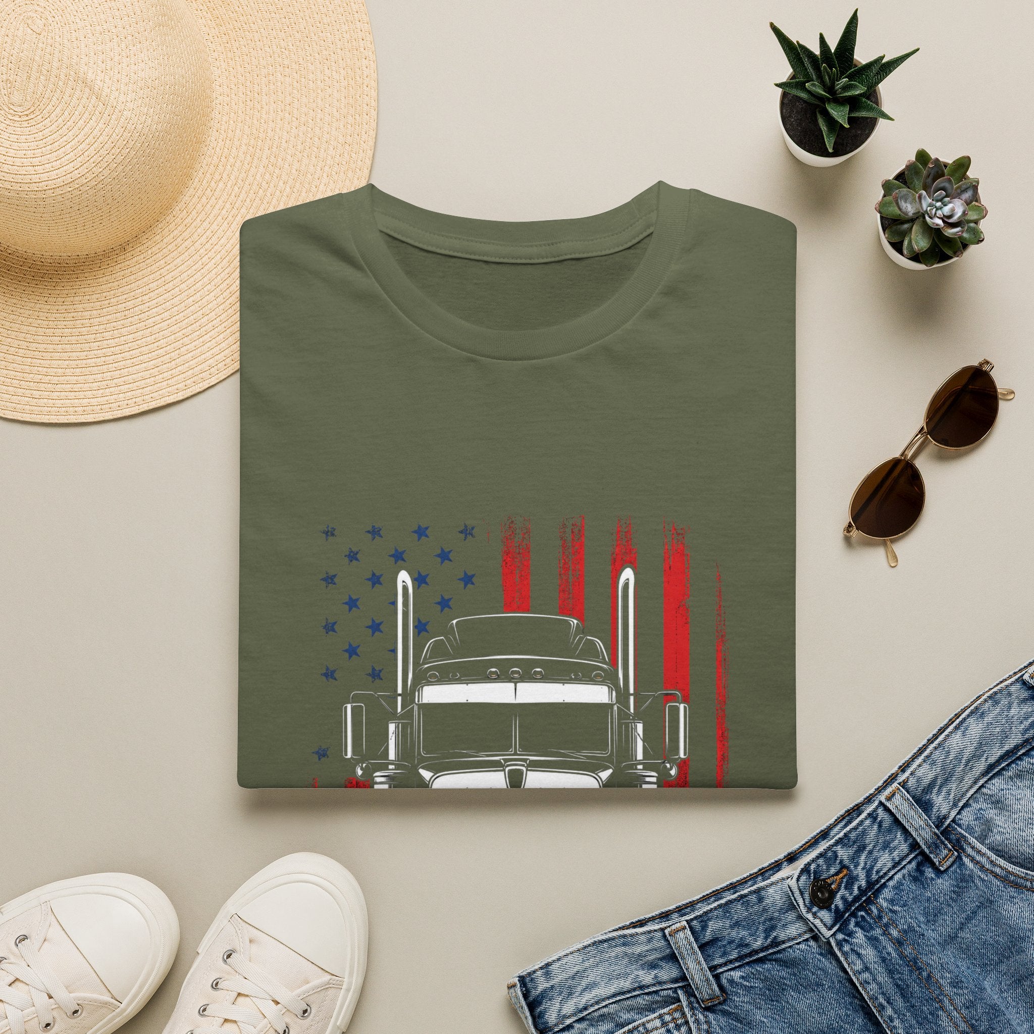American Flag Semi Truck T-Shirt — Patriotic Trucker Tee - Vintage Semi Truck Patriotic Design