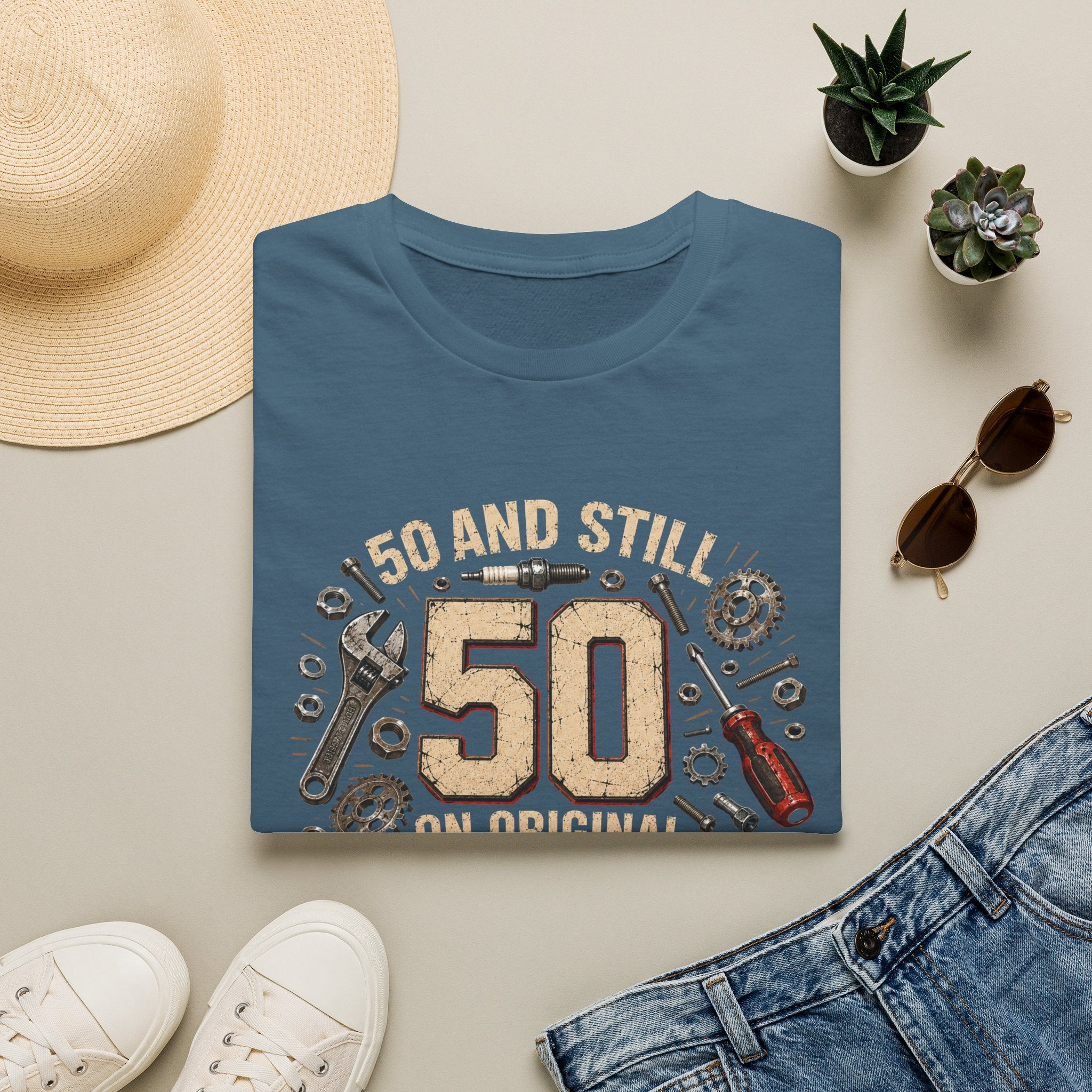 50 and Still Original Parts T-Shirt — Funny 50th Birthday Mechanic Gift