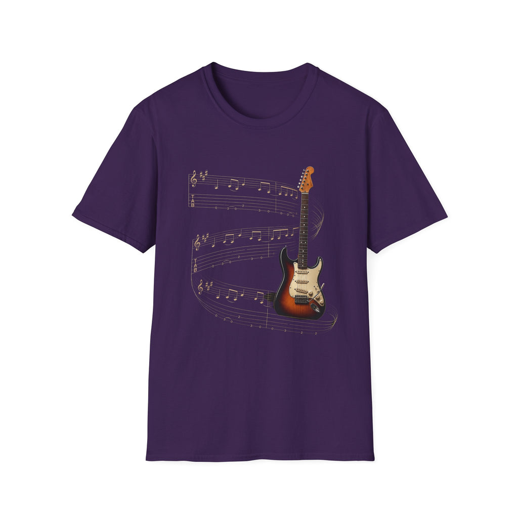 Electric Guitar T‑Shirt — Vintage Sunburst Guitar with Musical Notes - Where Music Takes Flight | Electric Guitar & Tablature Art Design
