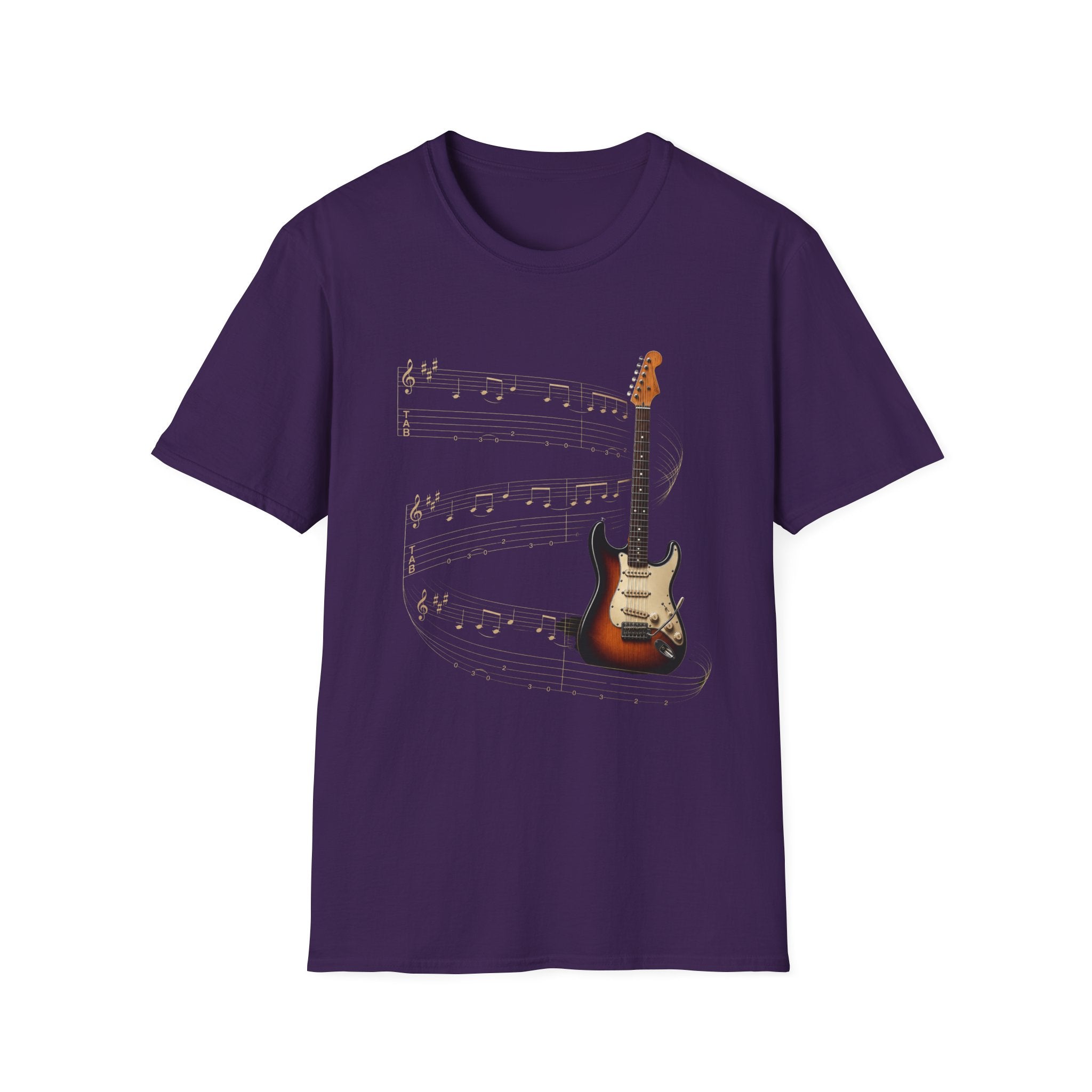 Electric Guitar T‑Shirt — Vintage Sunburst Guitar with Musical Notes - Where Music Takes Flight | Electric Guitar & Tablature Art Design