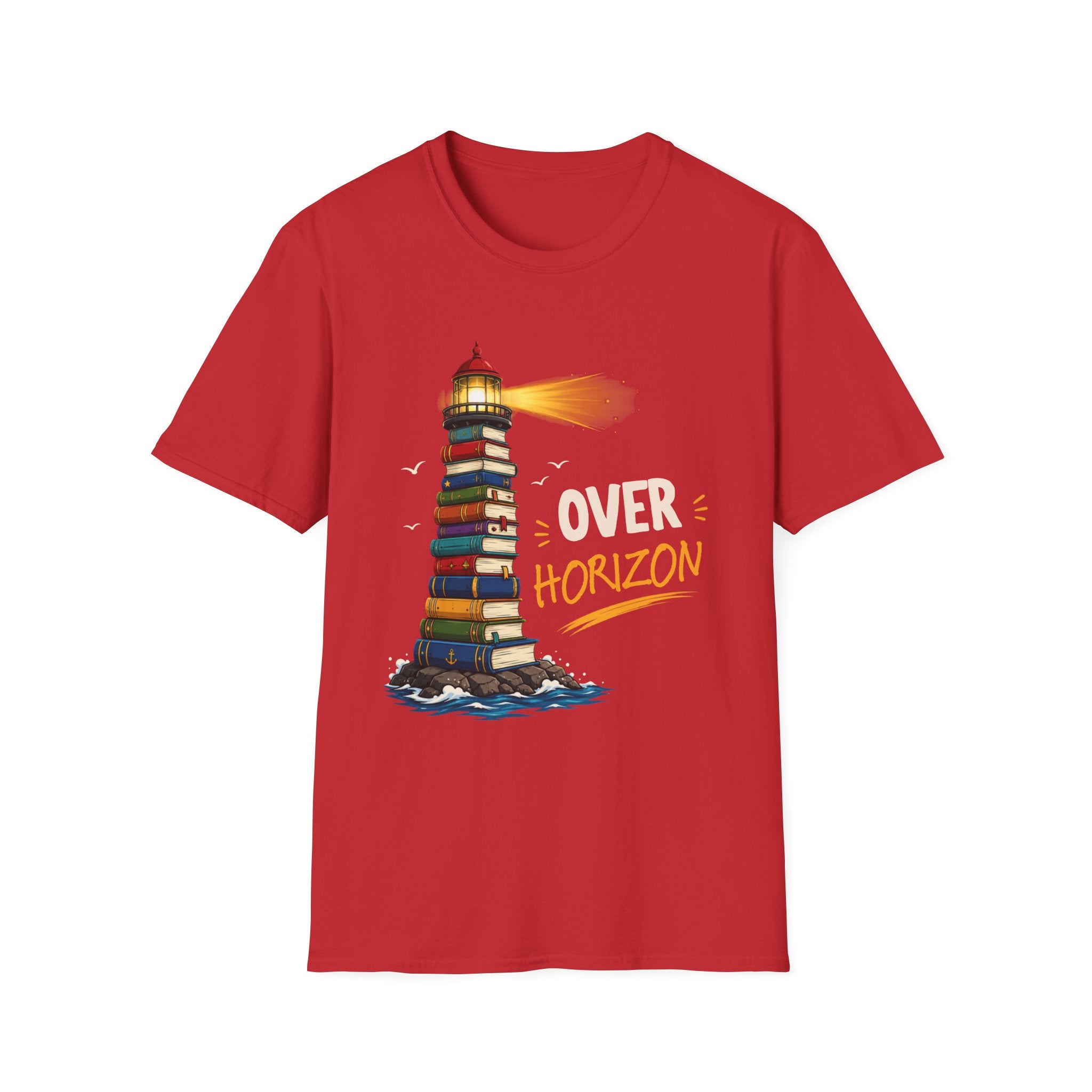 'Over the Horizon' Lighthouse Stack of Books Graphic Tee – Reading Lights the Way