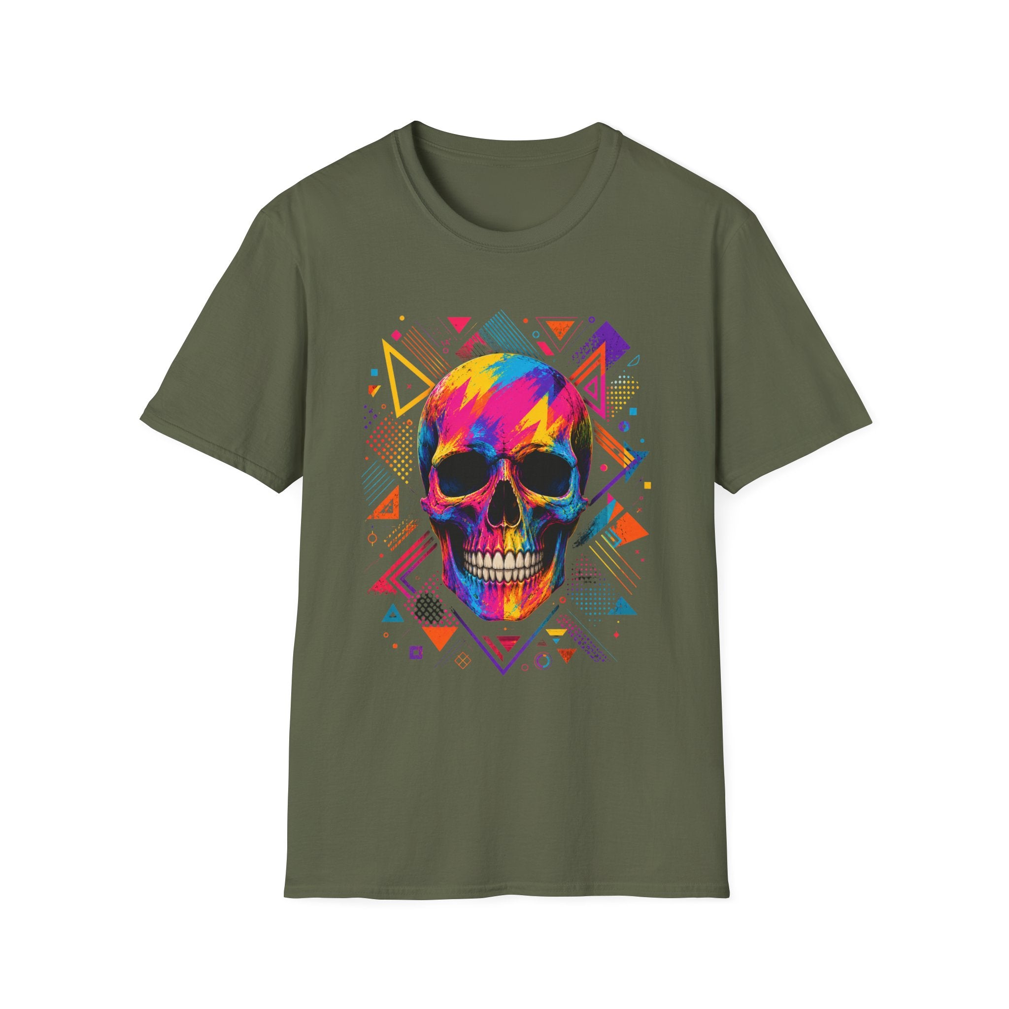 Colorful Geometric Skull T-Shirt -Neon Pop Art Skull – Colorful Retro Geometric Design