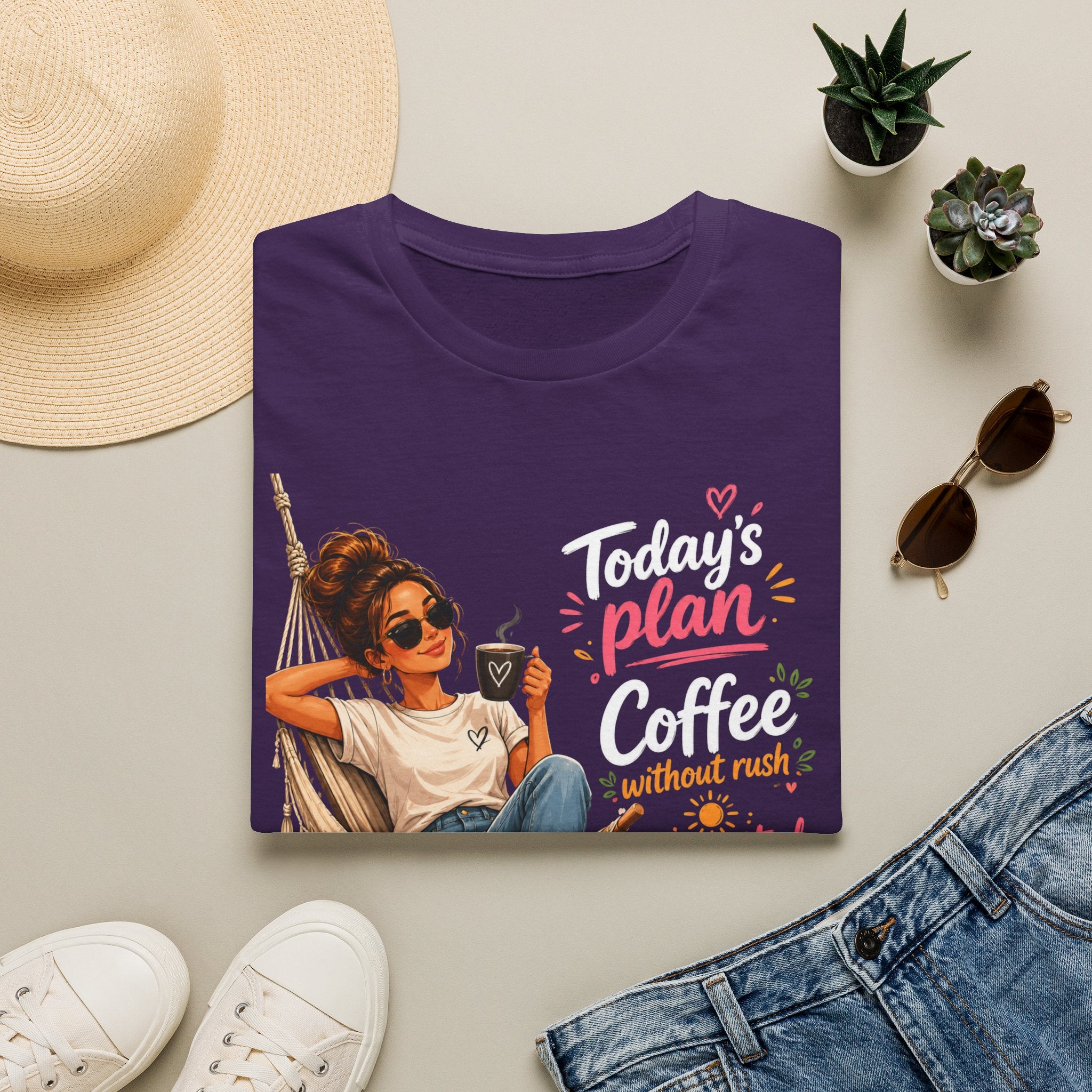 Coffee Tee — "Today's Plan: Coffee Without Rush" Relaxed Lounge T-Shirt