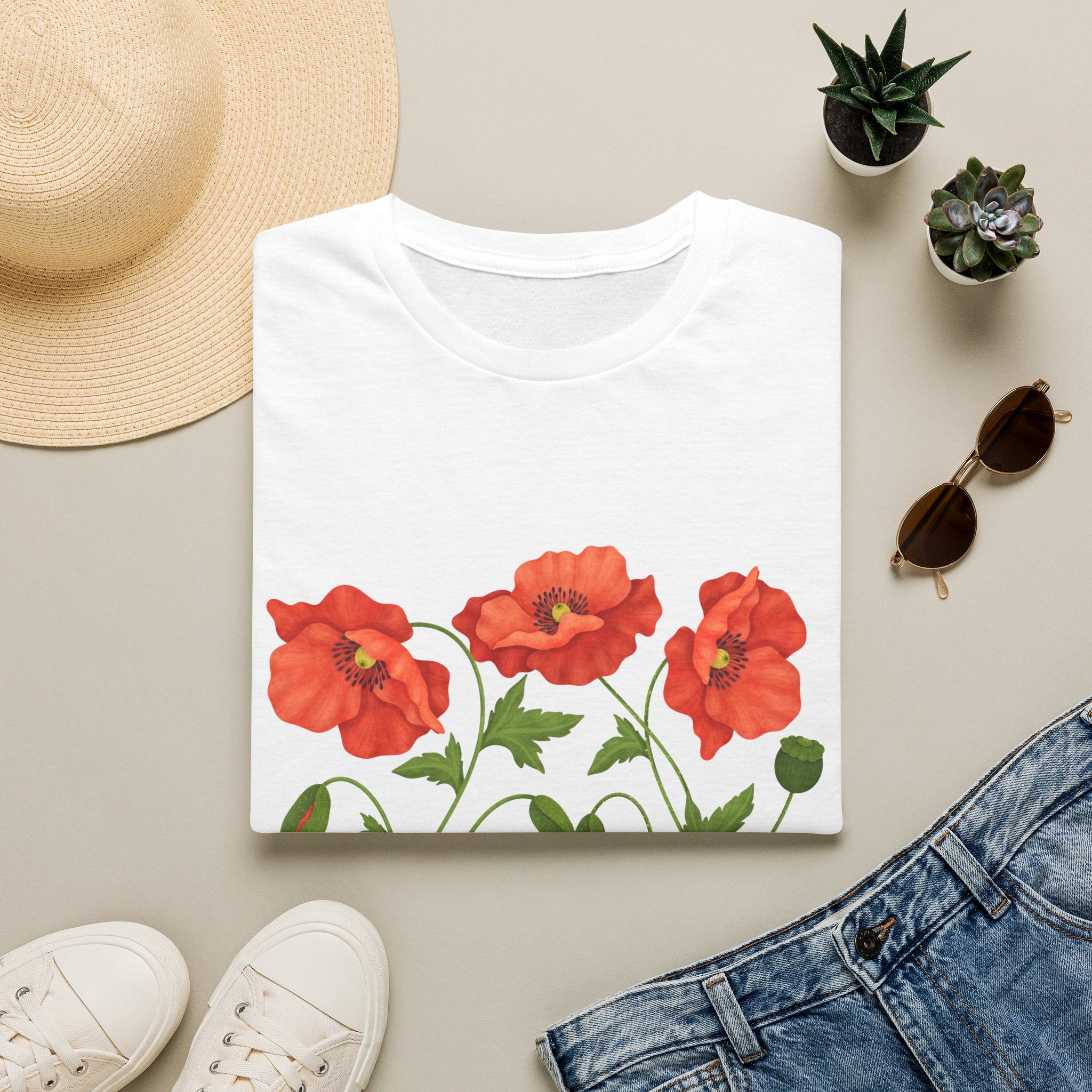 Poppy Floral T-Shirt — Red Poppies Garden Tee - Vintage Wildflower Floral Design
