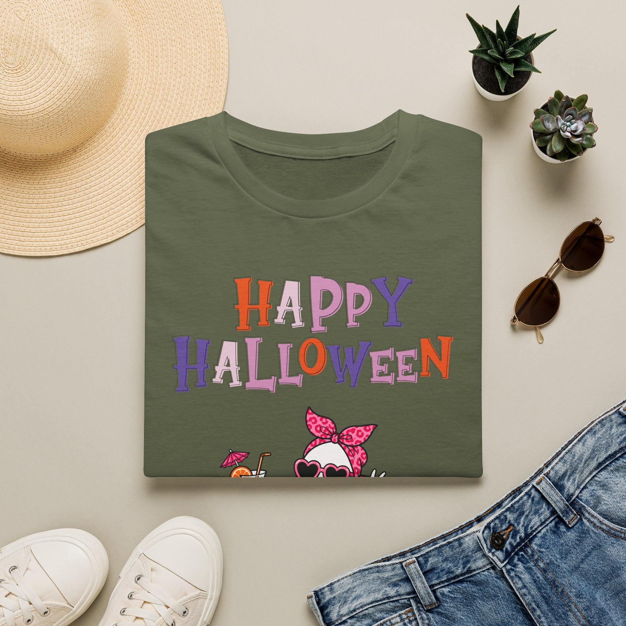 Happy Halloween Ghost Tee — Cute Feminine Halloween T-Shirt with Sunglasses & Pink Bow - Funny Spooky Halloween Shirt for Women
