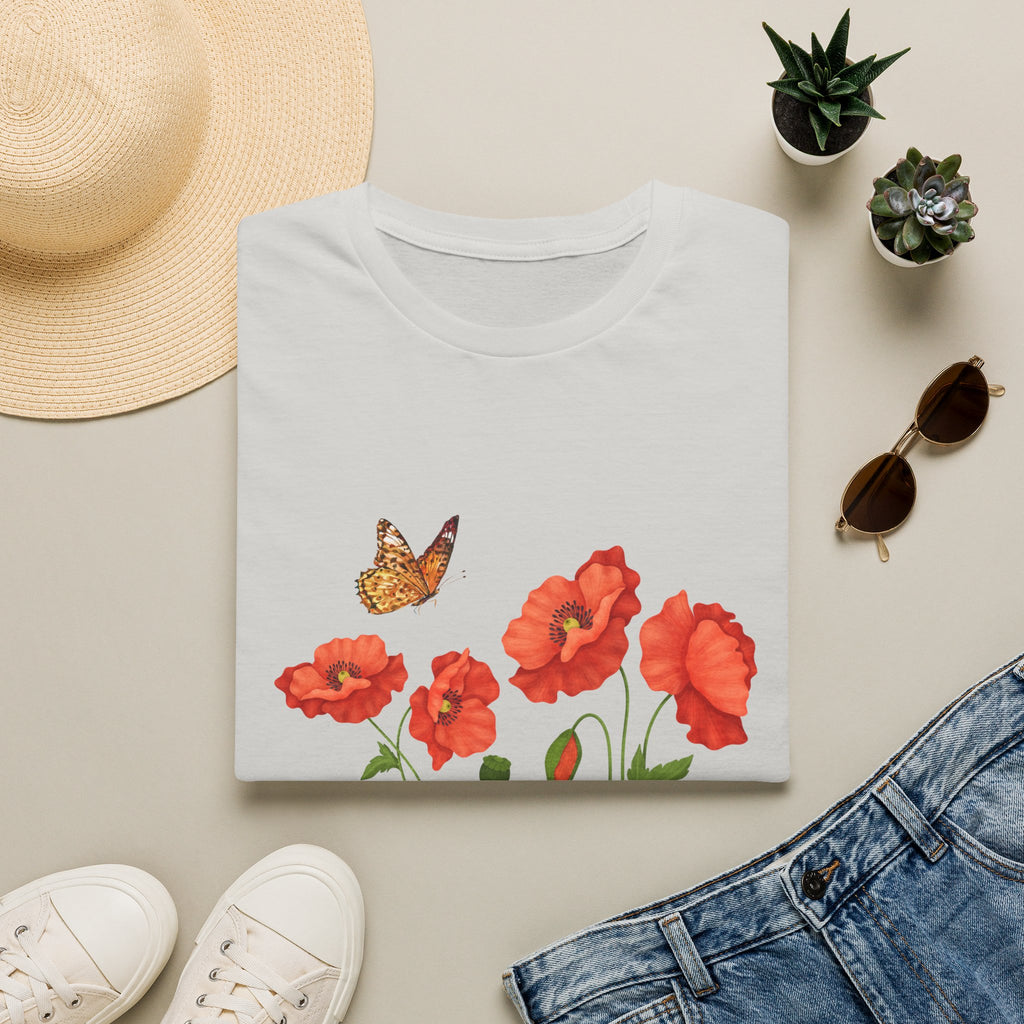 Poppy Field Tee — Red Poppies & Butterfly Floral T-Shirt