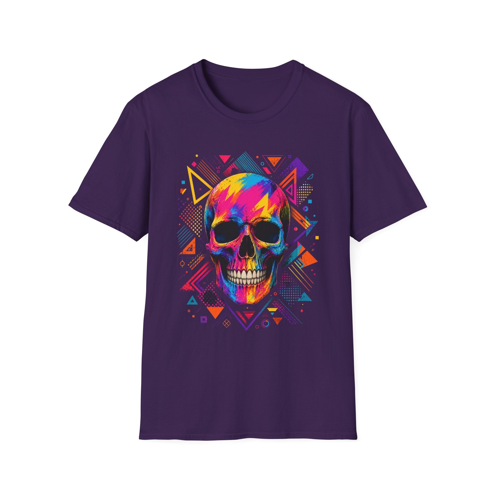 Colorful Geometric Skull T-Shirt -Neon Pop Art Skull – Colorful Retro Geometric Design