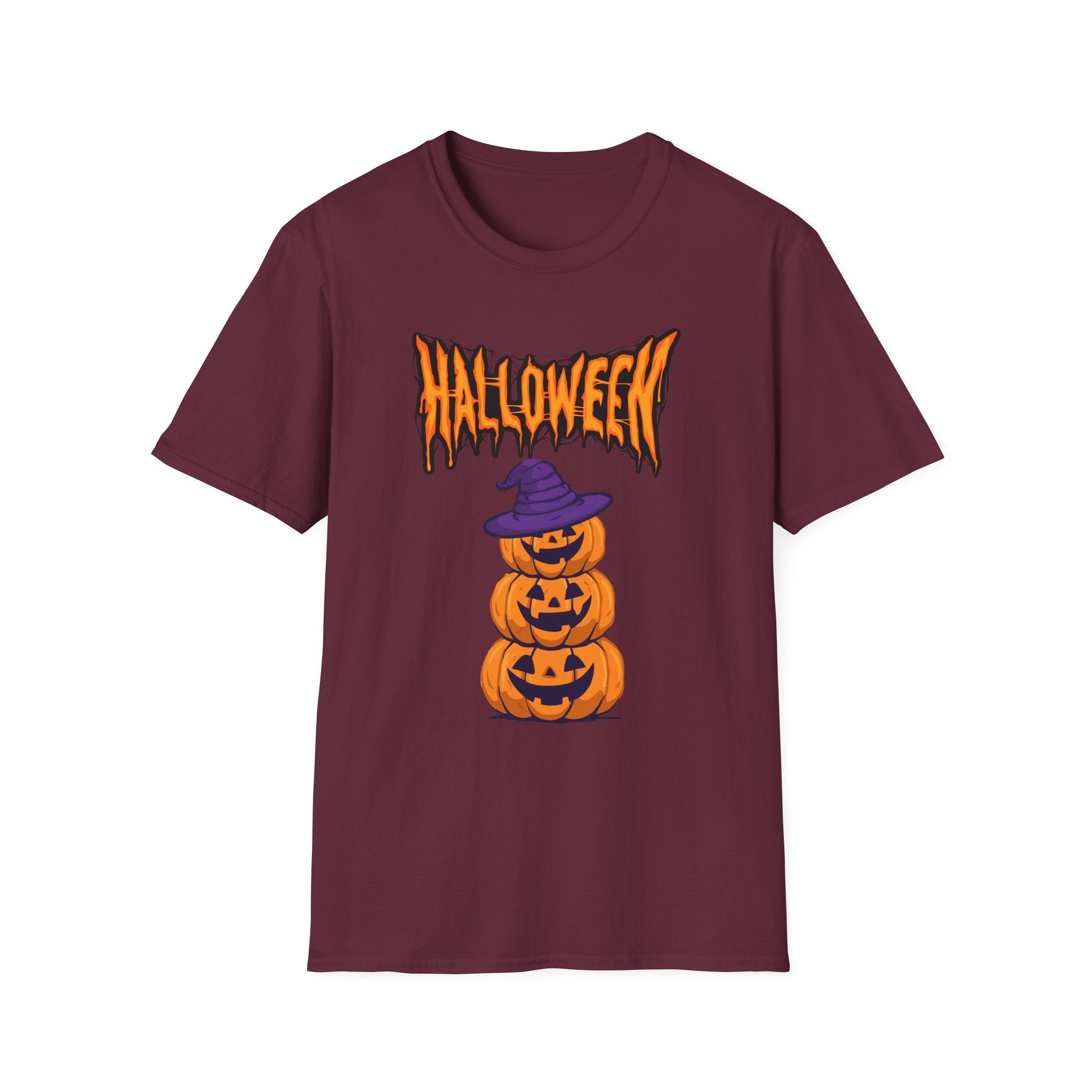 Halloween Stacked Jack-O'-Lantern T-Shirt — Cute Spooky Tee with Purple Witch Hat -  Cute Pumpkin Witch Hat Halloween Tee