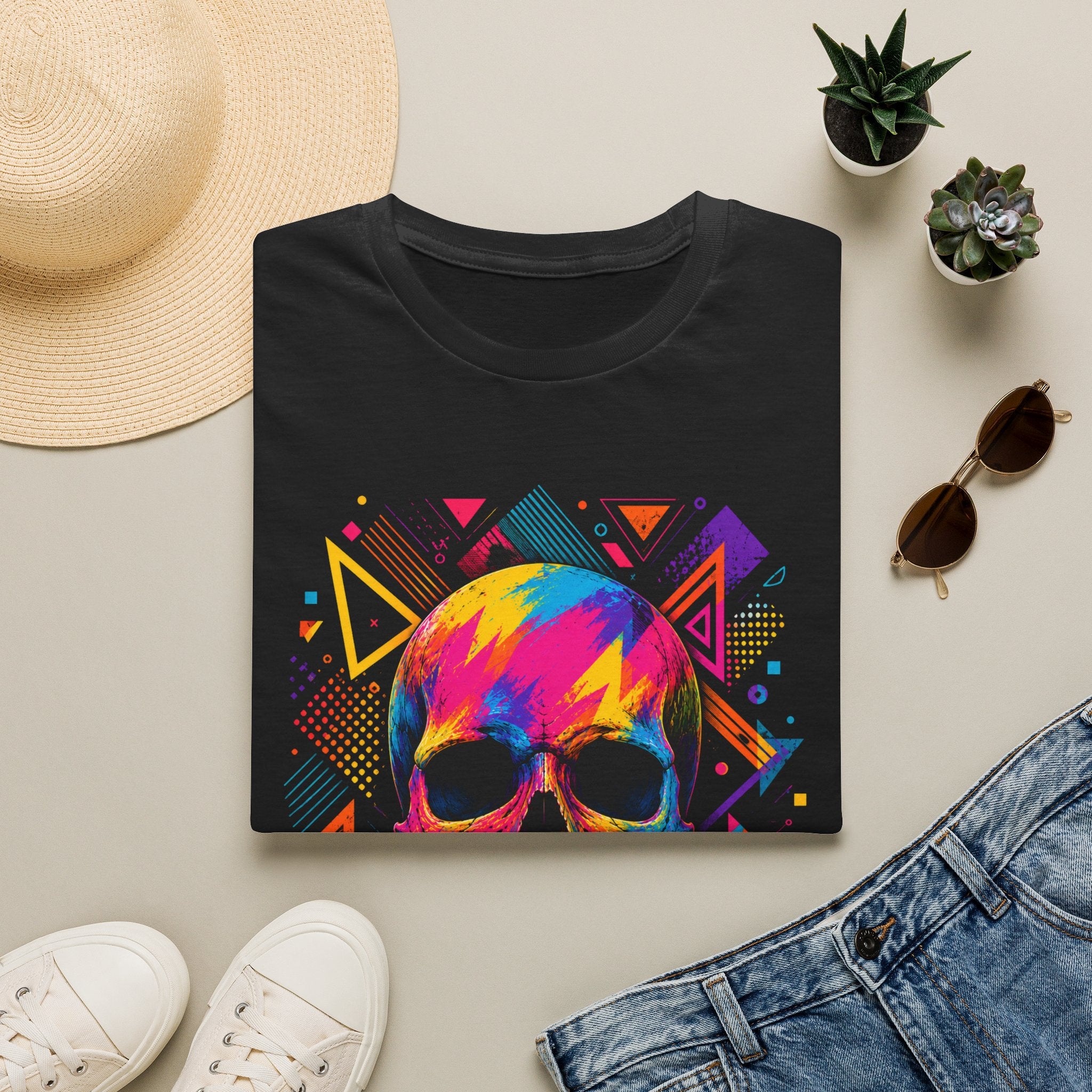 Colorful Geometric Skull T-Shirt -Neon Pop Art Skull – Colorful Retro Geometric Design