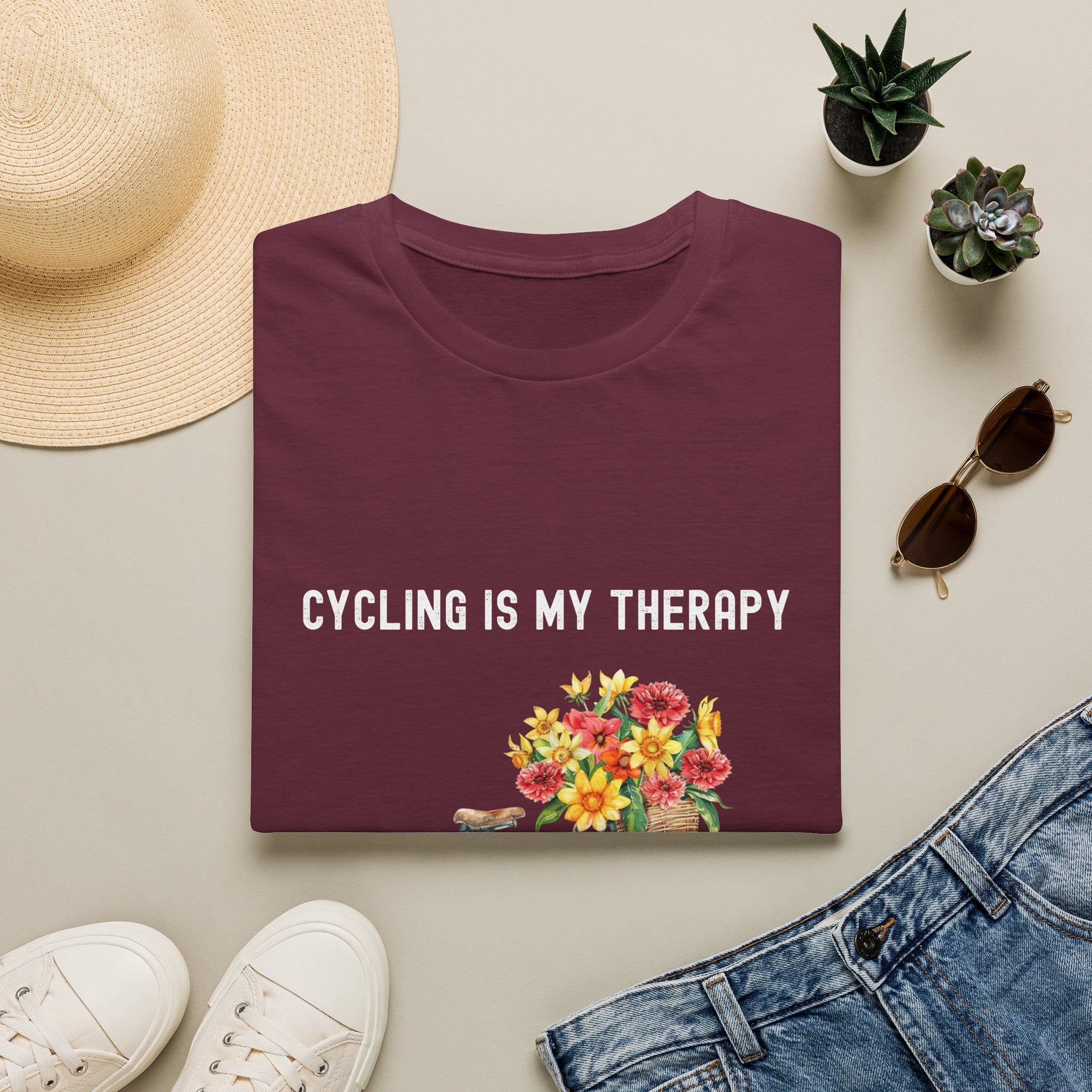 Cycling Is My Therapy T-Shirt — Floral Bike Tee for Biking Enthusiasts