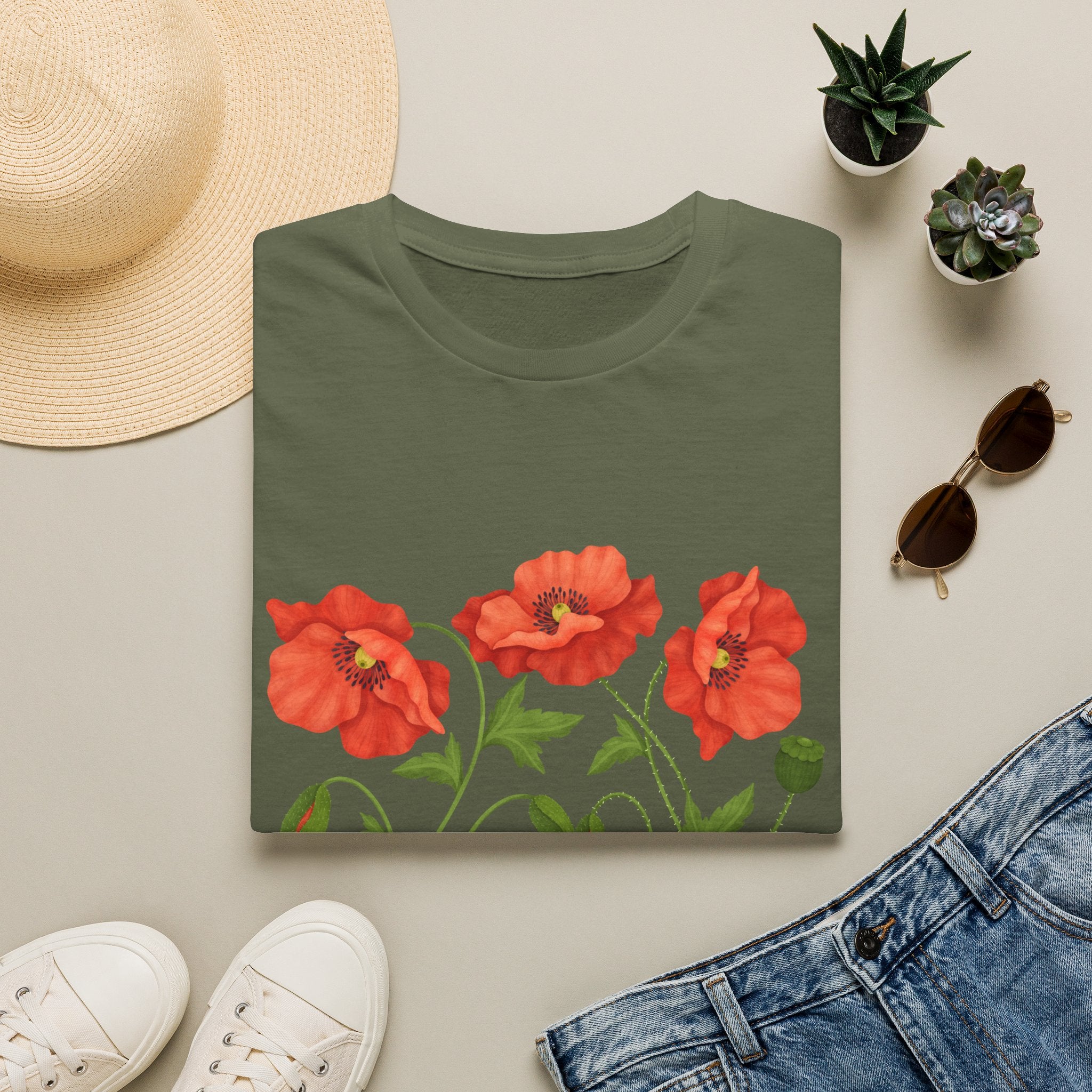 Poppy Floral T-Shirt — Red Poppies Garden Tee - Vintage Wildflower Floral Design