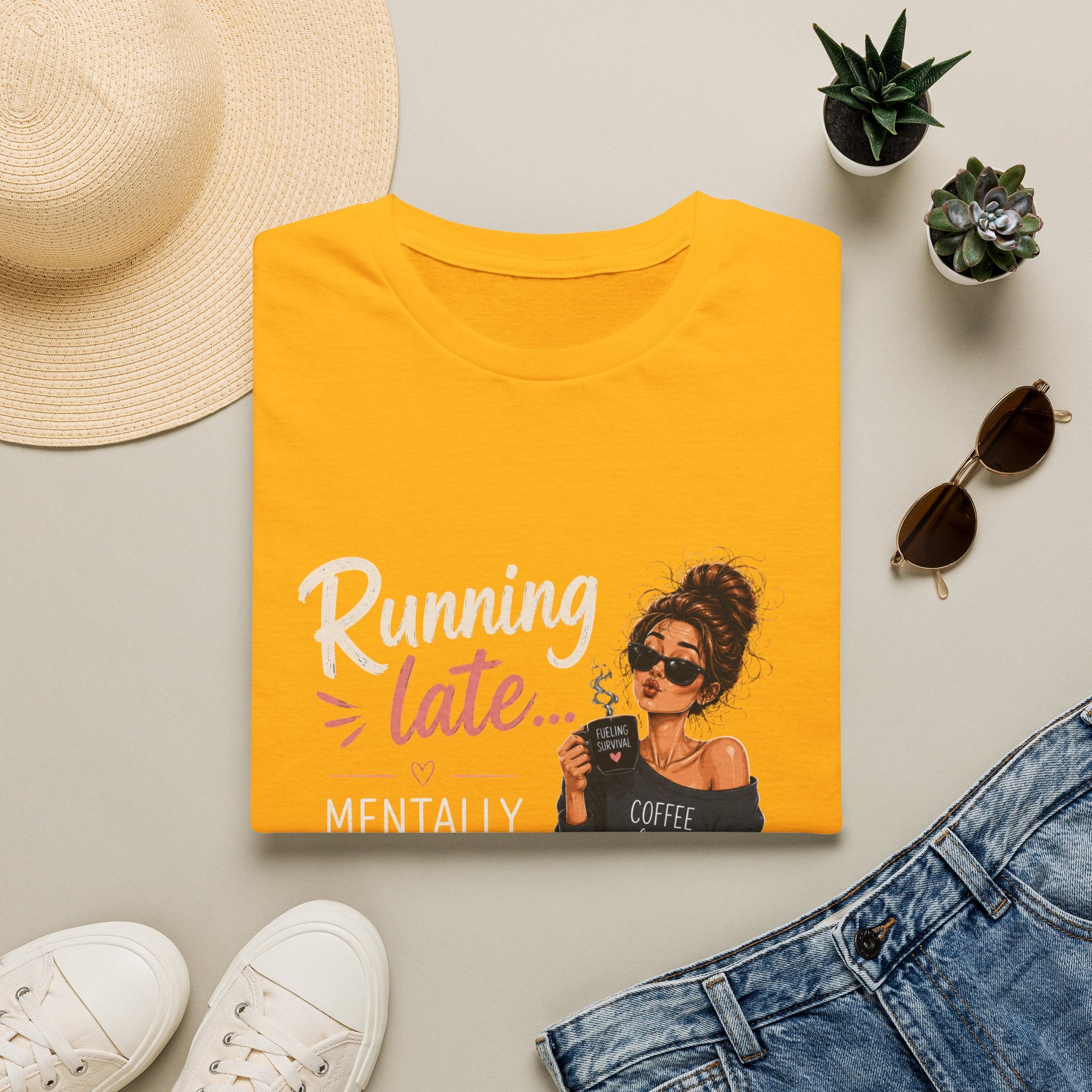 Running Late... Mentally Still Drinking Coffee T-Shirt - Funny Coffee Lover Design