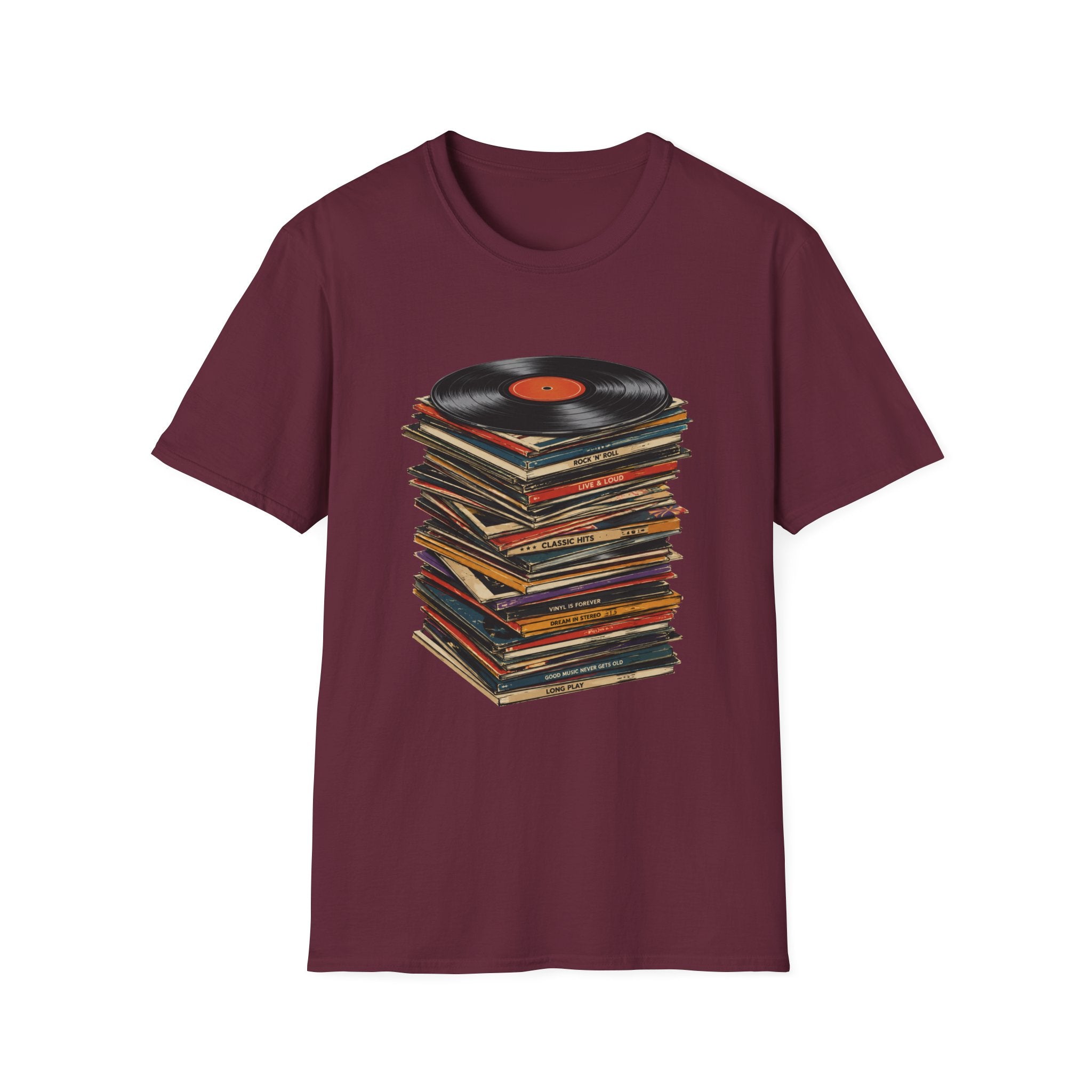 Vintage Vinyl Stack T-Shirt — Retro Record Player Graphic Tee - Retro Music Lover Turntable Aesthetic Design