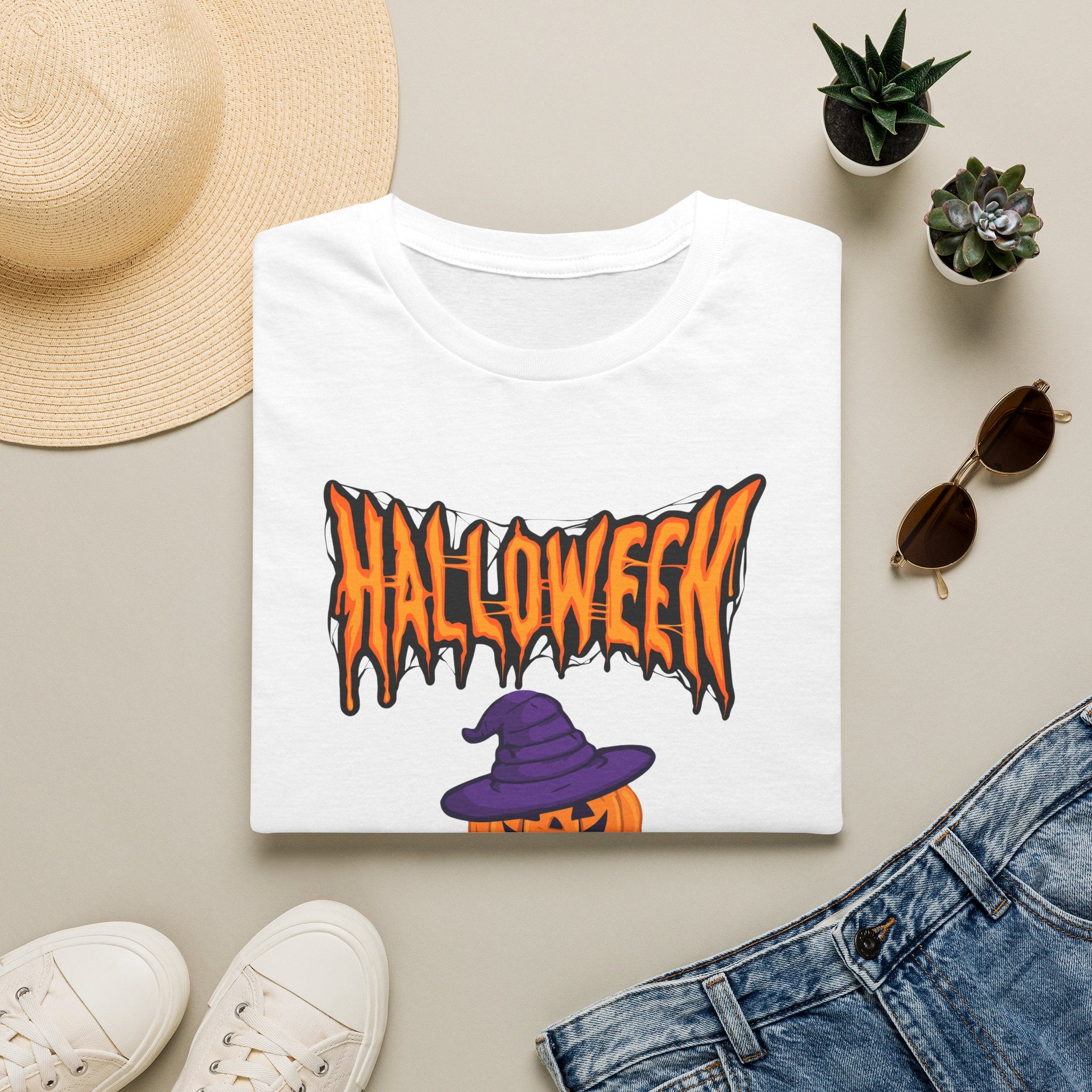 Halloween Stacked Jack-O'-Lantern T-Shirt — Cute Spooky Tee with Purple Witch Hat -  Cute Pumpkin Witch Hat Halloween Tee