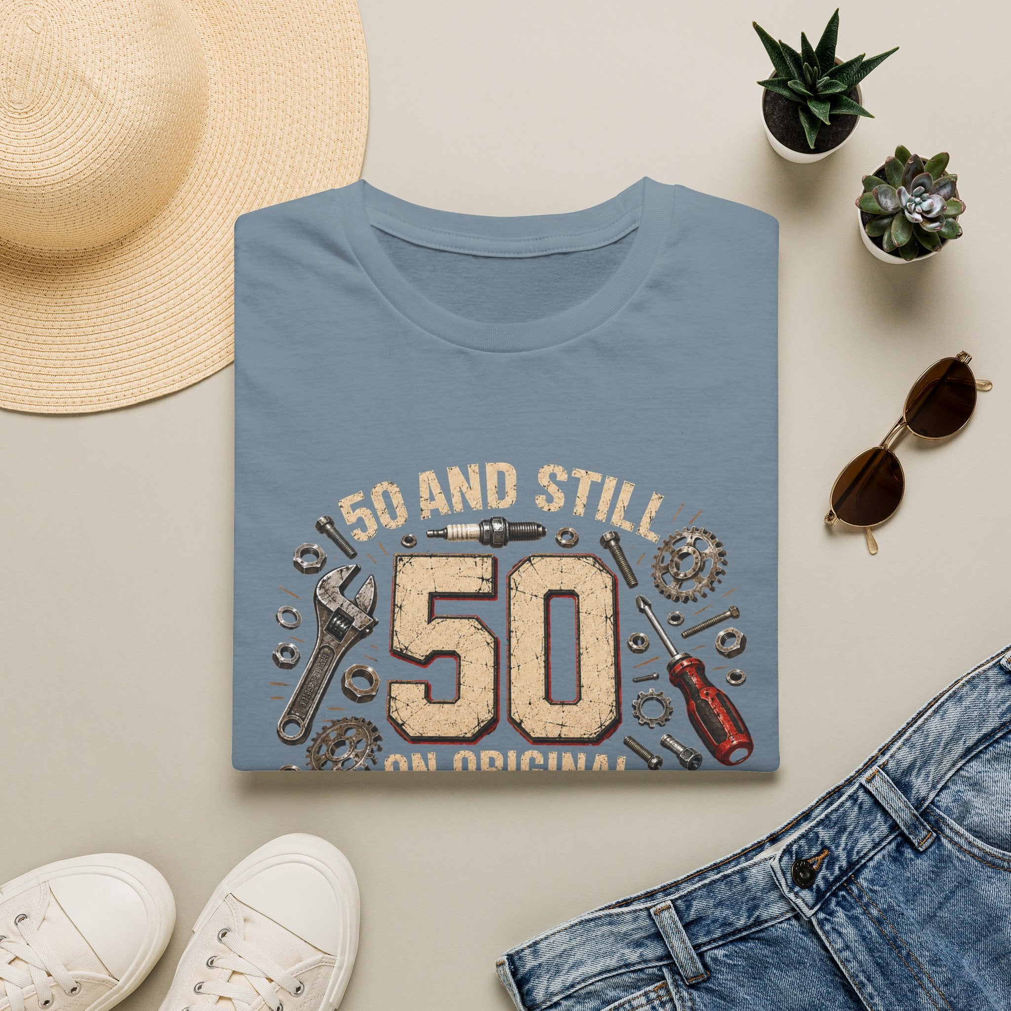 50 and Still Original Parts T-Shirt — Funny 50th Birthday Mechanic Gift