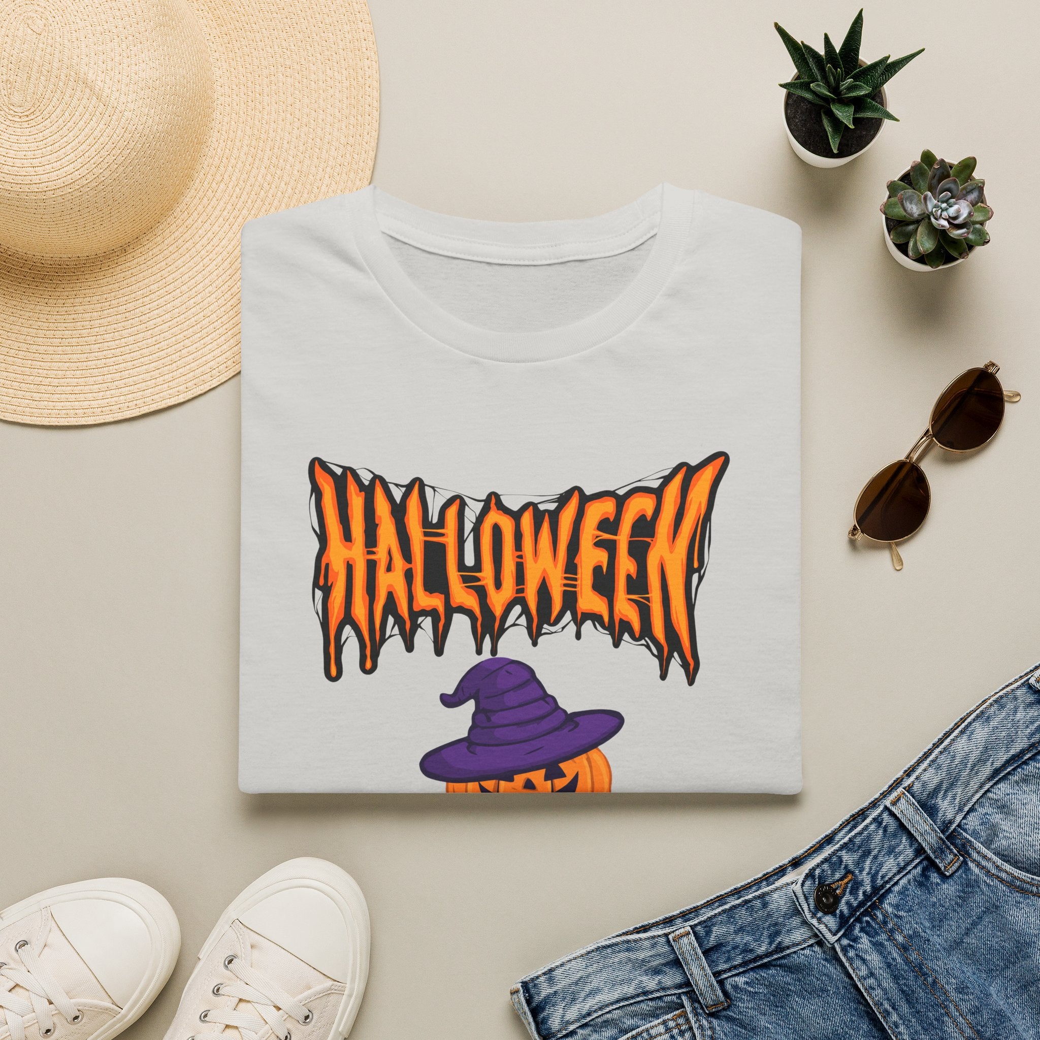 Halloween Stacked Jack-O'-Lantern T-Shirt — Cute Spooky Tee with Purple Witch Hat -  Cute Pumpkin Witch Hat Halloween Tee