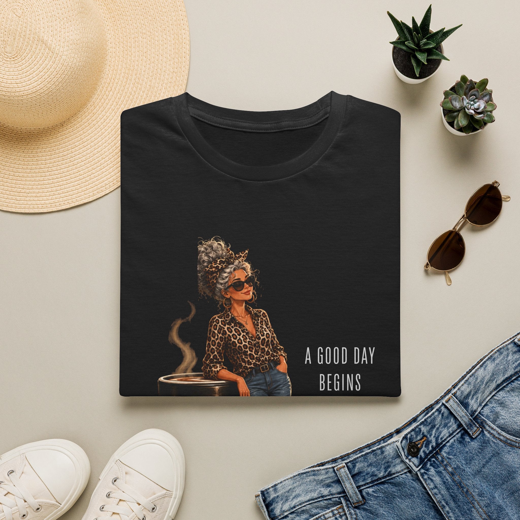 Coffee Vibes T-Shirt — “A Good Day Begins” Retro Chic Coffee Shirt -Stylish Coffee Lover Woman Design