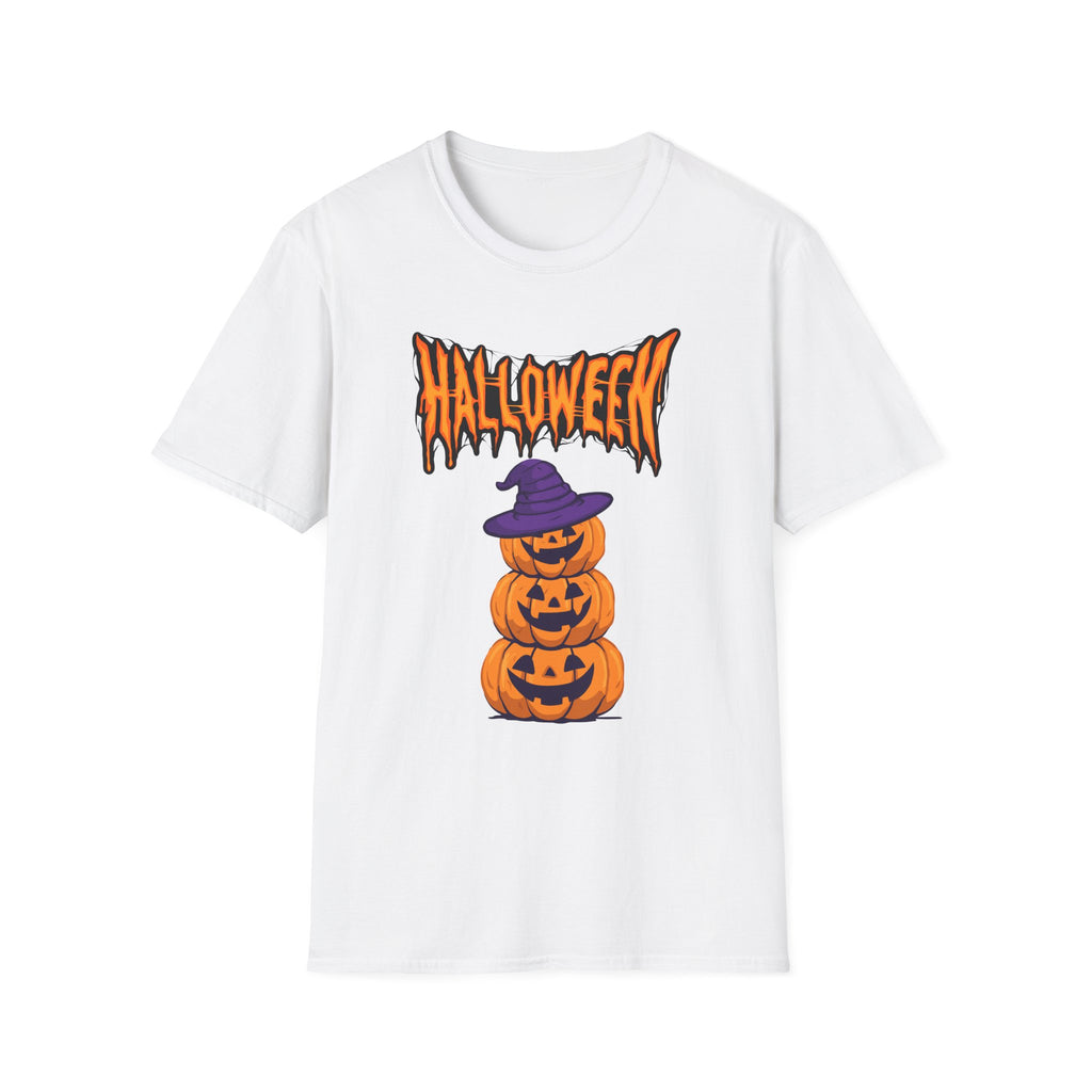 Halloween Stacked Jack-O'-Lantern T-Shirt — Cute Spooky Tee with Purple Witch Hat -  Cute Pumpkin Witch Hat Halloween Tee