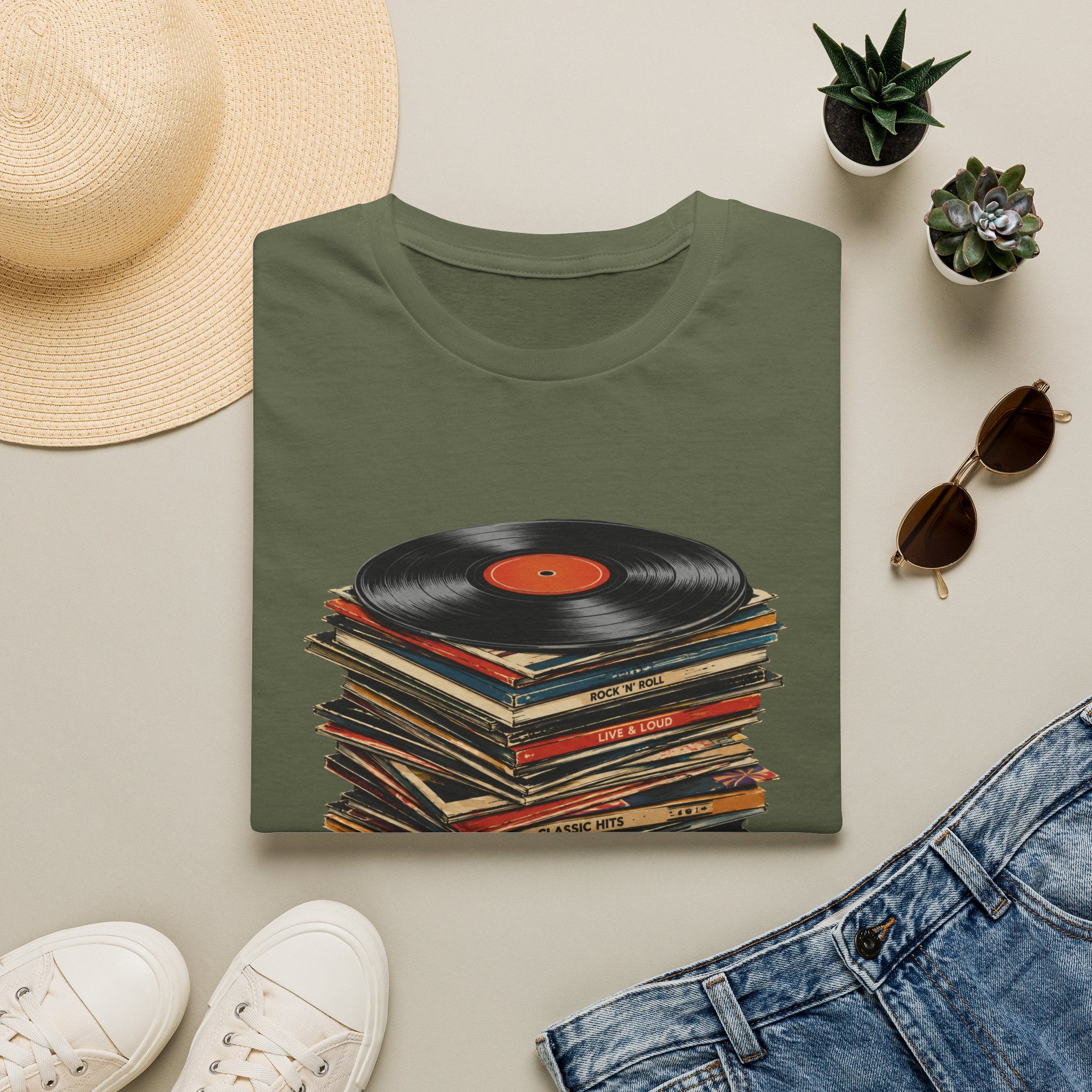 Vintage Vinyl Stack T-Shirt — Retro Record Player Graphic Tee - Retro Music Lover Turntable Aesthetic Design